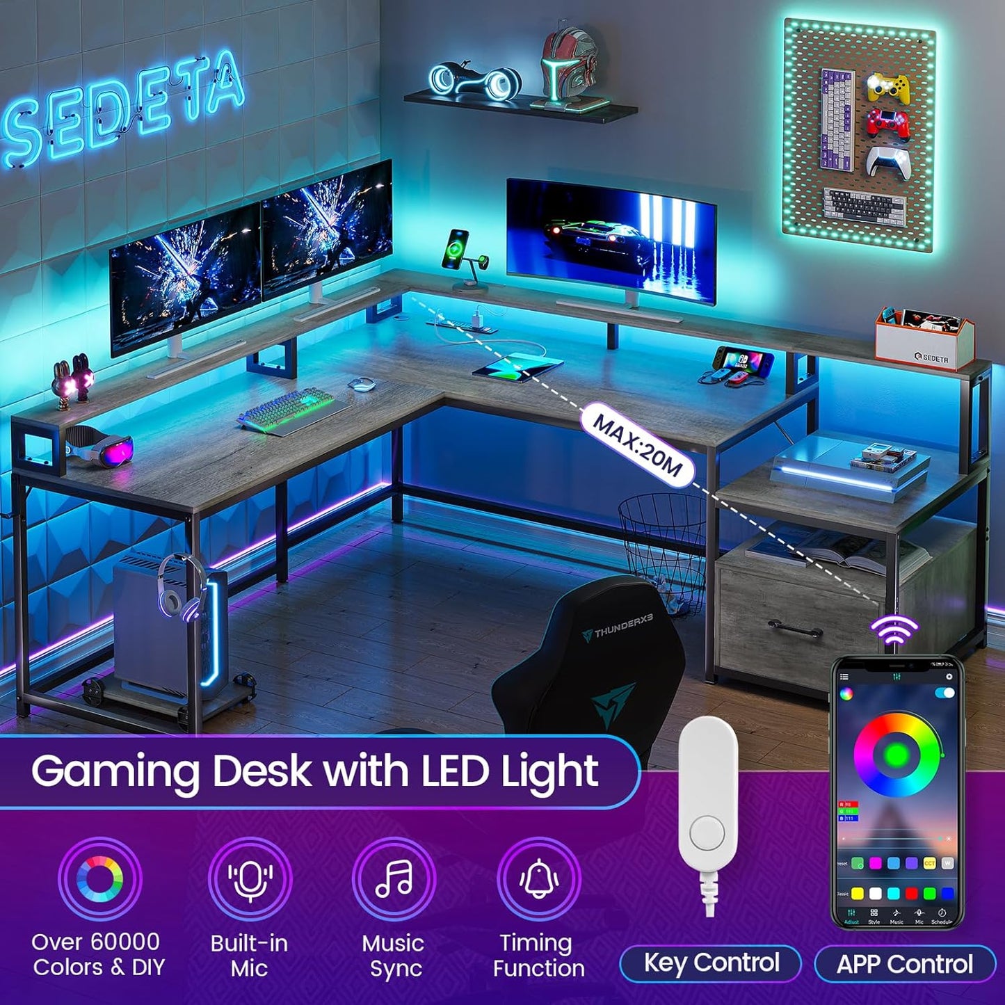 SEDETA L Shaped Office Desk, 66" Home Office Desk with File Drawer & Power Outlet, Gaming Desk with Led Lights, Corner Computer Desk with Monitor Shelf, Printer Storage Shelves, Two Person Desk, Grey