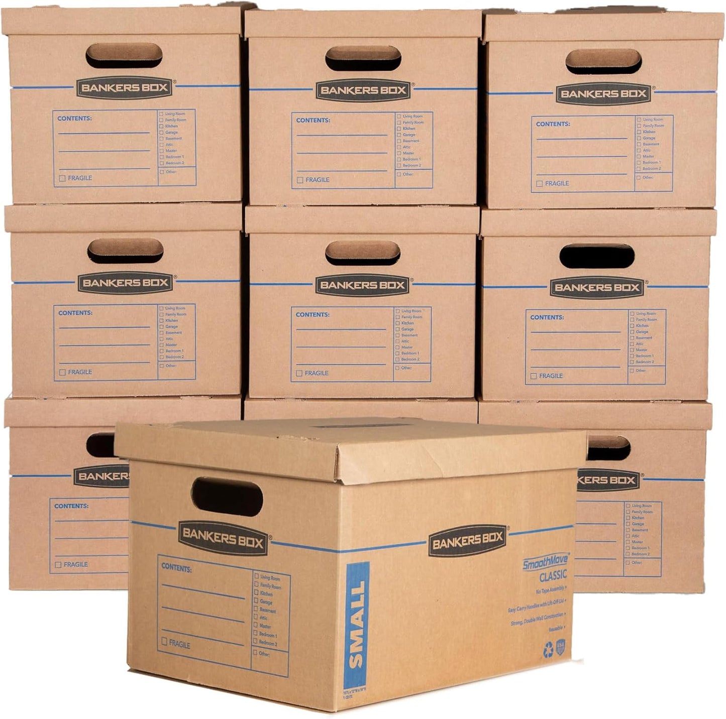 Bankers Box Small Classic Moving Box 10 Pack, Reinforced Handles, Tape-Free Assembly, Box with Lid, 15-in x 12-in x 10-in (7714901)