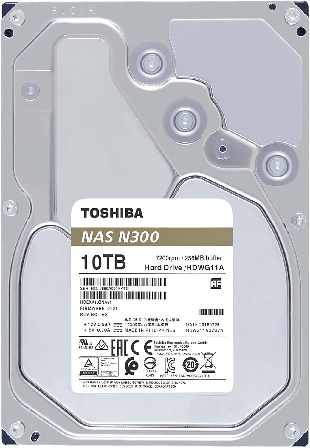 Toshiba N300 10TB NAS 3.5-Inch Internal Hard Drive - CMR SATA 6 Gb/s 7200 RPM 256 MB Cache - HDWG11AXZSTA