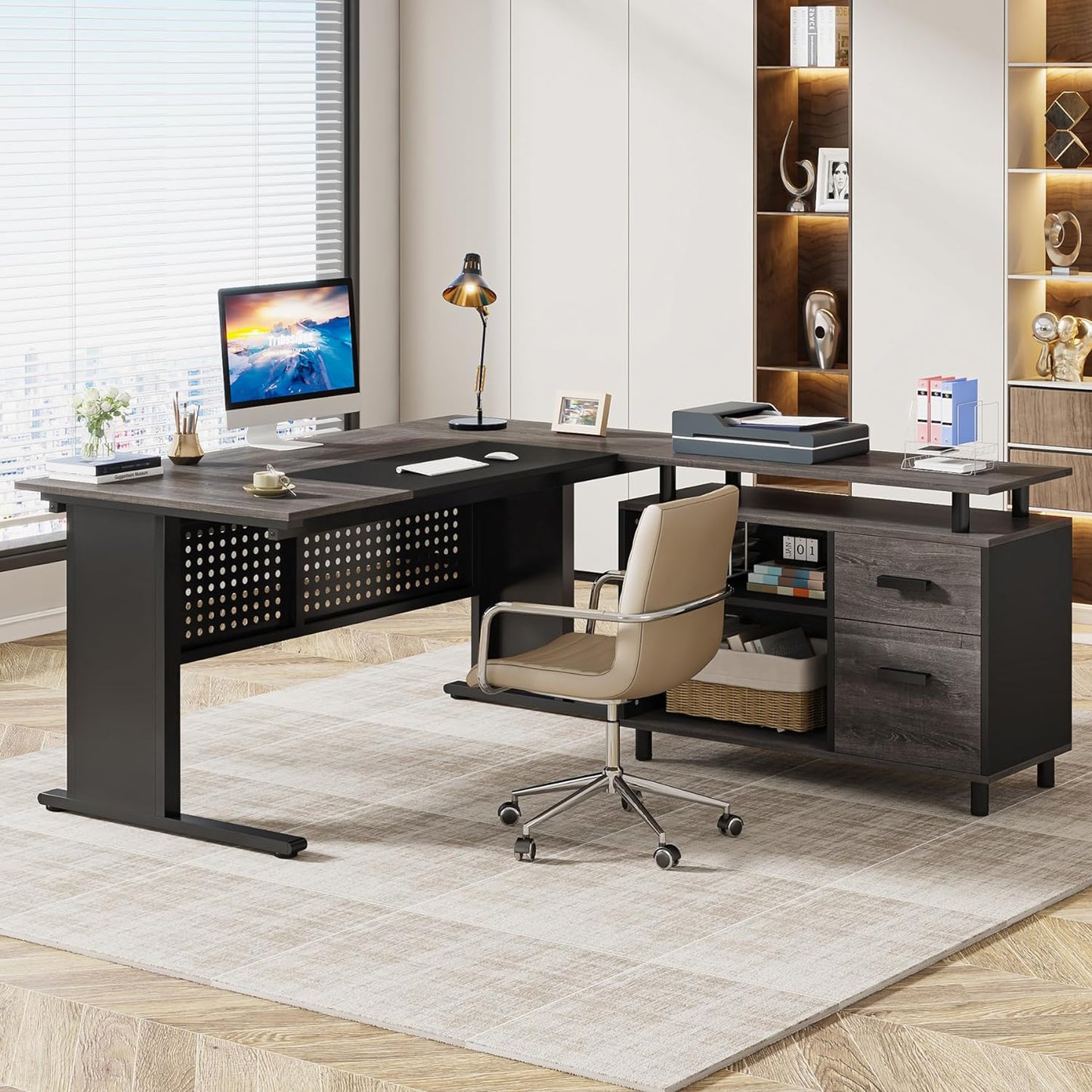 Tribesigns 63 Inch Executive Desk with File Cabinet, Large Office Desk L Shaped Computer Desk with Drawers and Storage Shelves, Business Furniture Desk Workstation for Home Office, Gray and Black