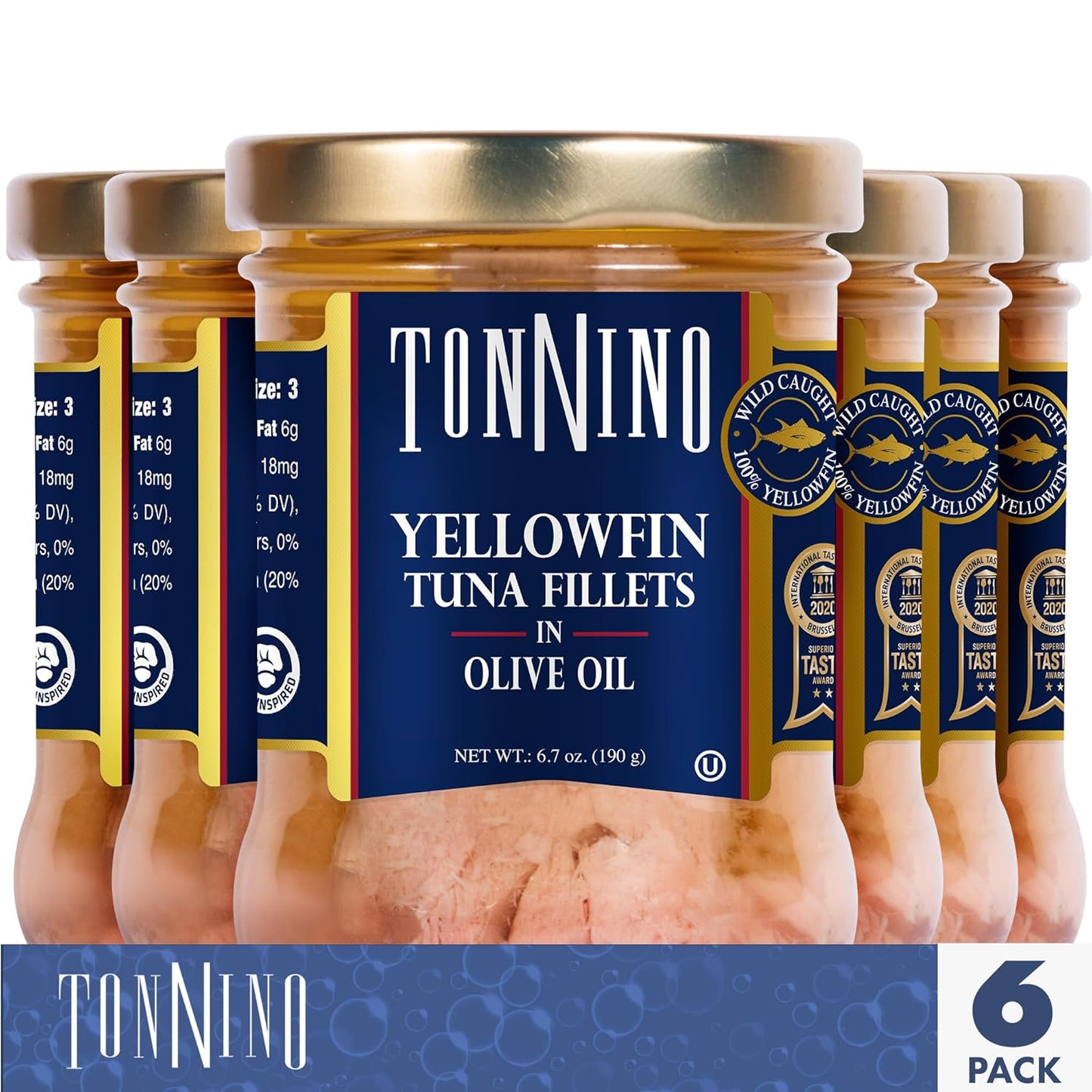 Tonnino Yellowfin Tuna in Olive Oil, Gluten-Free Premium Jarred Atun, Healthy Snacks for Adults, Ready to Eat Meals, EBT Eligible Items, Alternative of Salmon, Pack of 6