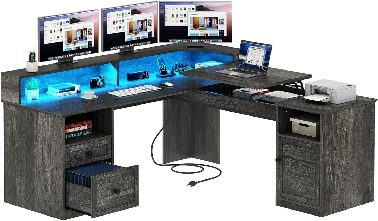 YITAHOME L Shaped Desk with Power Outlets & LED Lights, 60” Corner Computer Desk with Drawers & Lift Top, Home Office Desk with Monitor Stand & File Cabinet, Wood Height Adjustable Desk, Grey