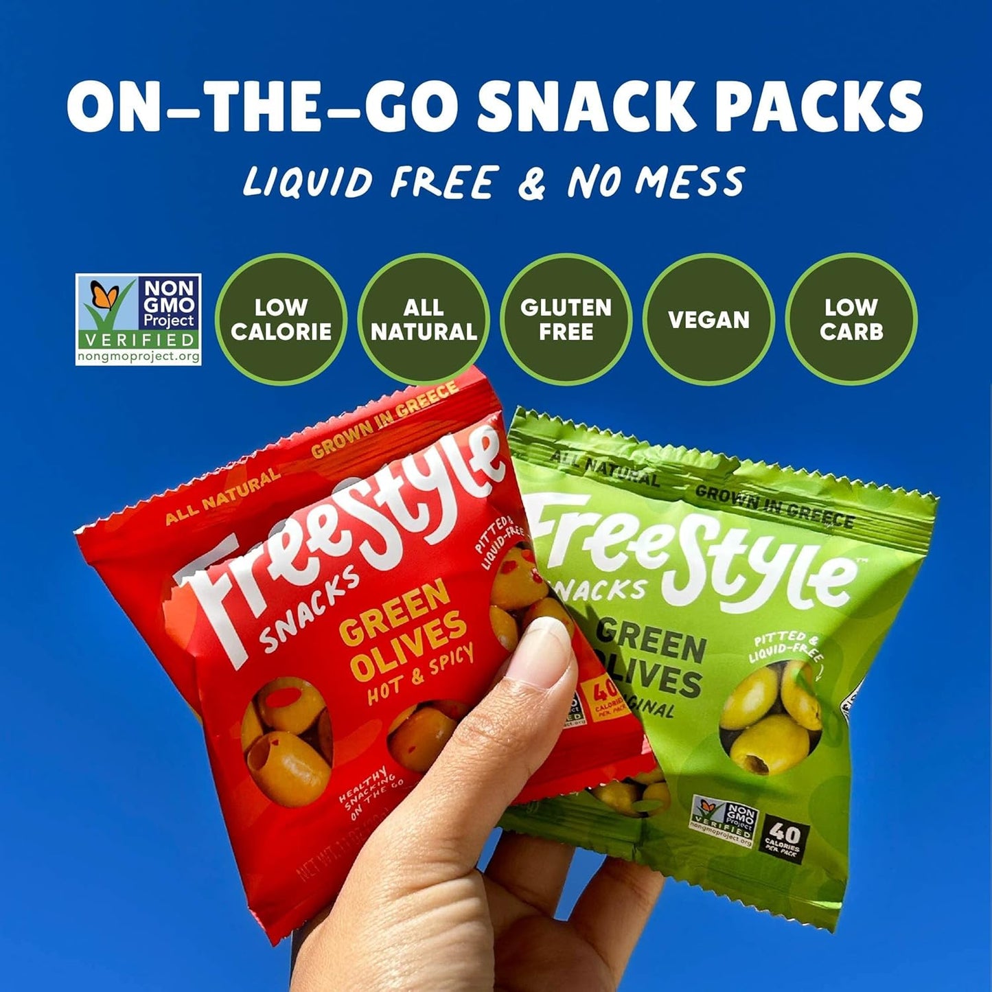 Freestyle Snacks Olive Snack Packs - Single Serve - Fresh Pitted Green Olives, Jumbo-Sized, Grown in Greece, All Natural, Non-GMO, Paleo, Sugar-Free, Keto, Salty Snack - Original, 1.1oz (6 Pack)