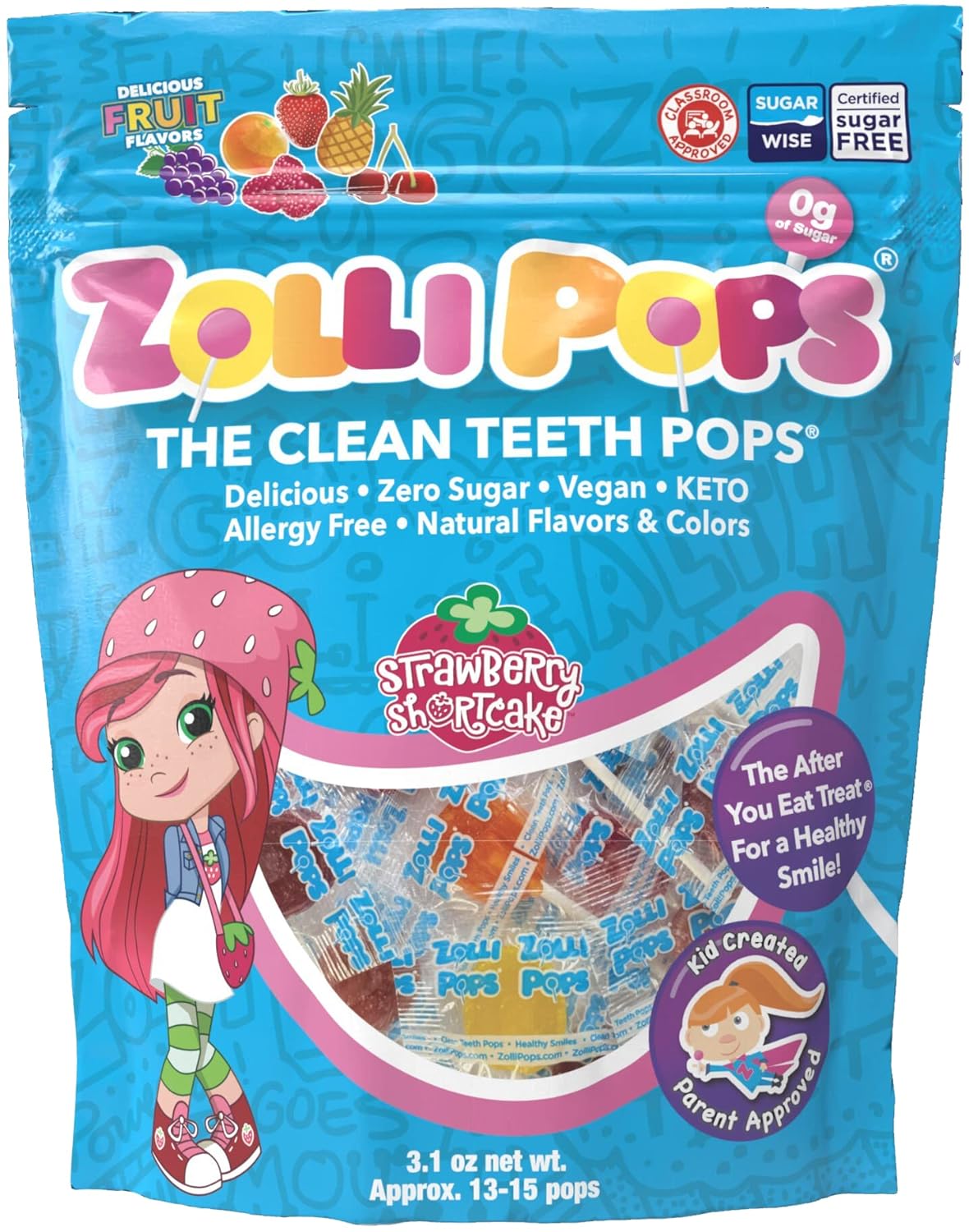 Zollipops Clean Teeth Lollipops - AntiCavity Sugar Free Candy for a Healthy Smile Great for Kids, Diabetics and Keto Diet. Natural Fruit Variety, 3.1 Ounce