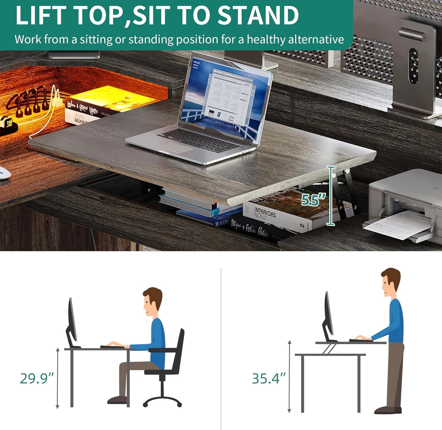 YITAHOME L Shaped Desk with Power Outlets & LED Lights, 60” Corner Computer Desk with Drawers & Lift Top, Home Office Desk with Monitor Stand & File Cabinet, Wood Height Adjustable Desk, Grey