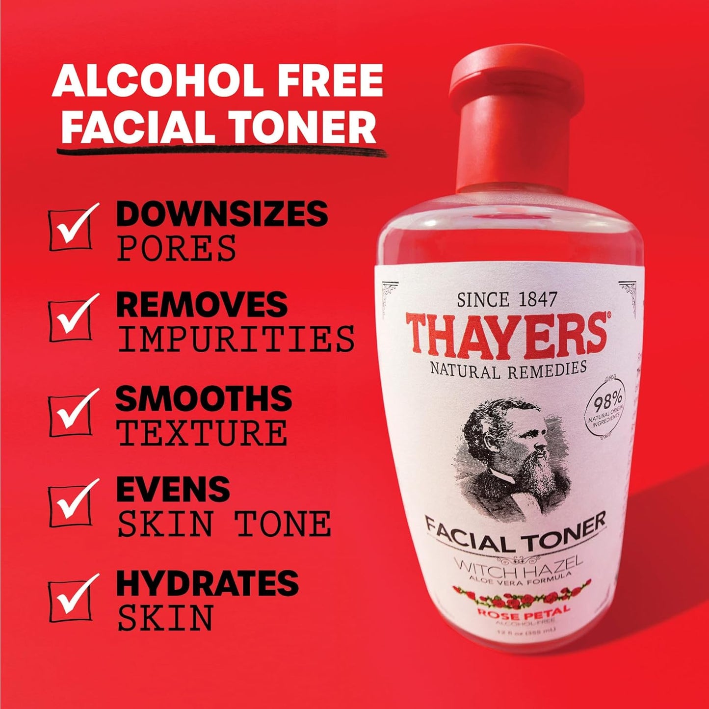 Thayers Alcohol-Free Rose Petal Witch Hazel Facial Toner for Glowing Skin, Soothing, Hydrating, Refreshing Toner for Normal and Combination Skin, 12oz