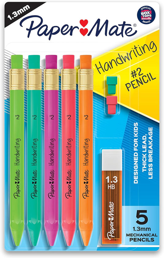 Paper Mate Handwriting Triangular Mechanical Pencil Set with Lead & Eraser Refills, 1.3mm, School Supplies, Office Supplies, Sketching Pencils, Drafting Pencil, Fun Barrel Colors, 8 Count