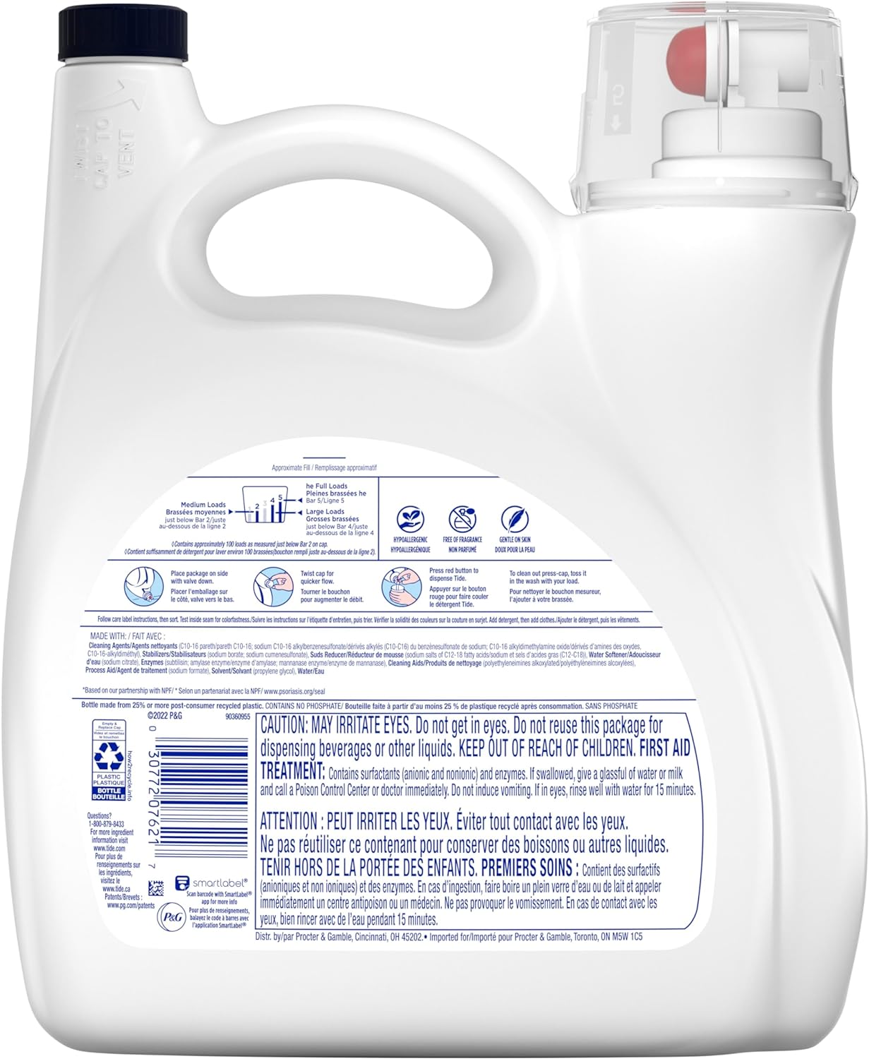 Tide Free & Gentle Laundry Detergent Liquid, HE Compatible, 100 Loads, 132 fl oz Hypoallergenic Laundry Detergent for Sensitive Skin