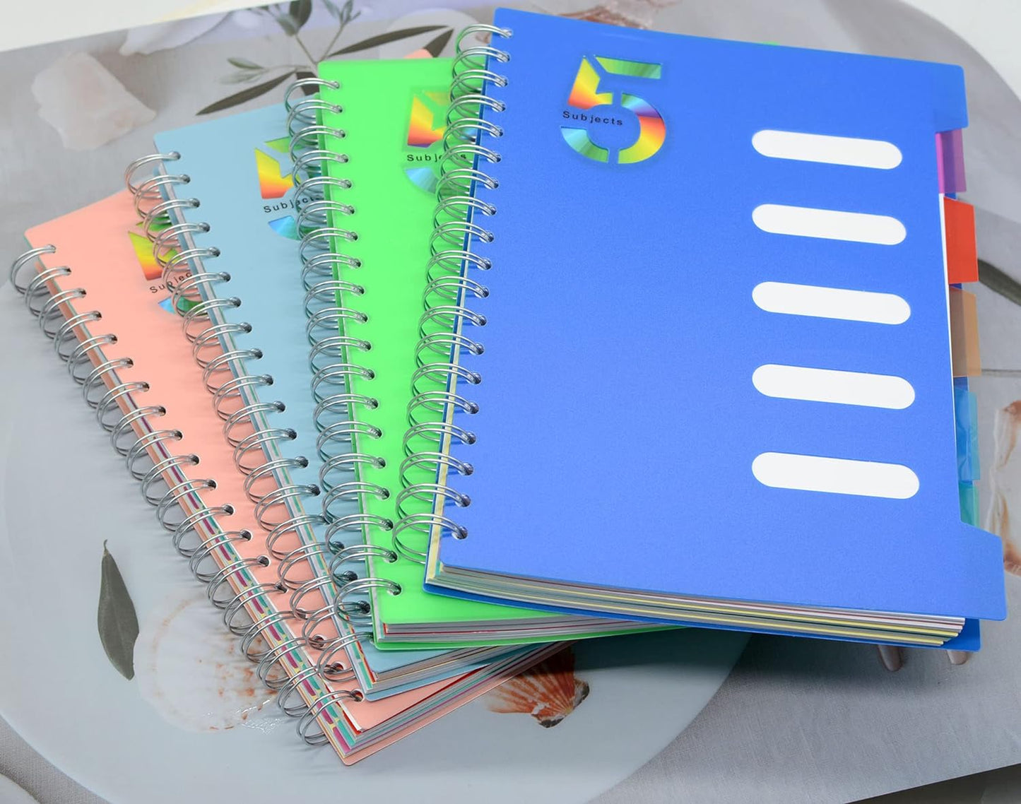 5 Subject Notebook, 4 Pcs 4 Color 10 Inch x 7 Inch B5 Spiral Notebook With Waterproof Plastic Softcover, 300 Pages 80 Gsm College Ruled Papers With 5 Sheets Colorful Movable Dividers (4 Color)