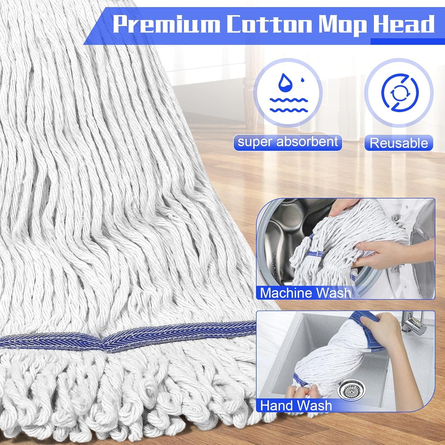 Heavy Duty Commercial Mop Industrial Cotton Mop with Extra Replacement Mop Head,Looped-End String Wet Mop for Floor Cleaning, Long Handle Janitorial Mop for Home,Garage,Office,Workshop, Warehouse