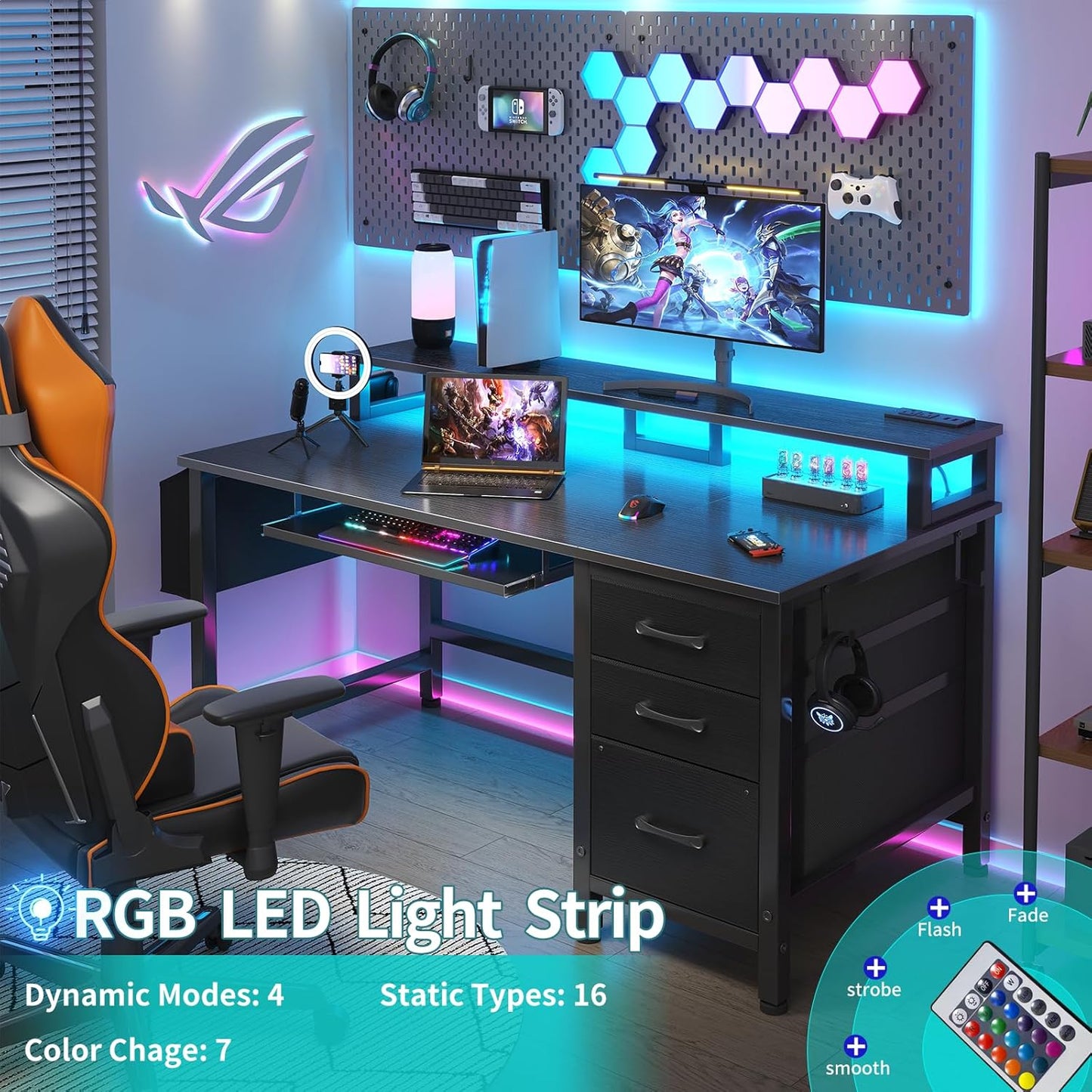 Lufeiya Gaming Desk with LED Lights and Power Outlets, 47 Inch Home Office Desks with Keyboard Tray, Computer Desk with File Drawers Cabinet, Writing Table PC Desks with Monitor Stand, Black