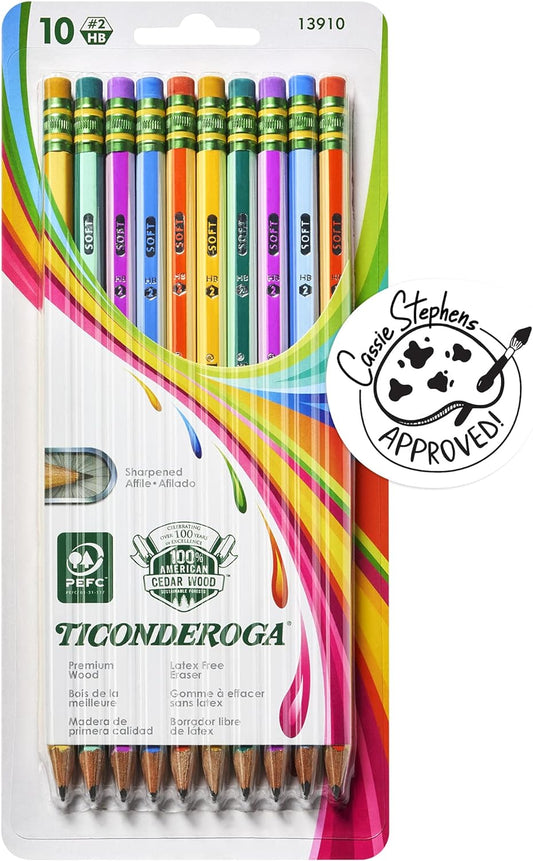 Ticonderoga X13910 Striped Wood-Cased Pencils, 2 HB Soft, Pre-Sharpened, 10 Count, Assorted Colors