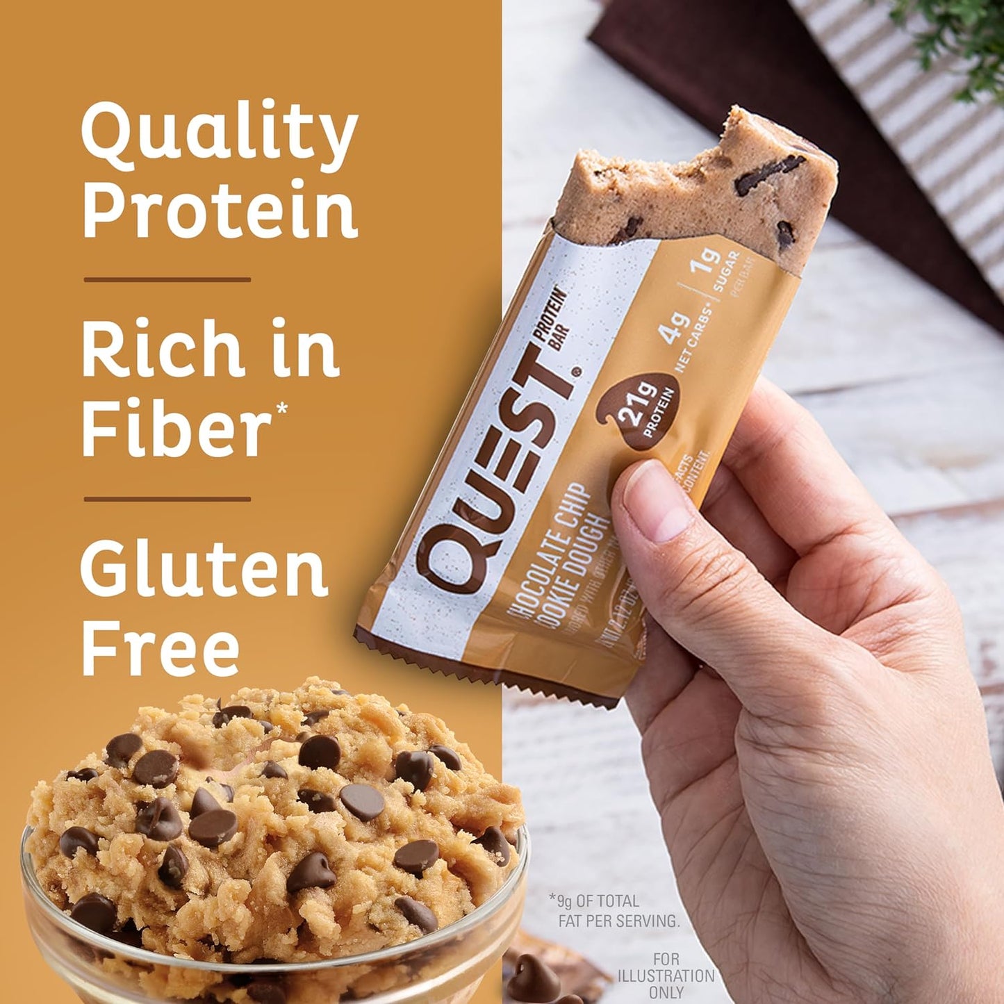 Quest Nutrition Chocolate Chip Dough Cookie Protein Bars, 21g Protein, 1g Sugar, 4g Net Carb, Gluten Free, Keto Friendy, 12 Count