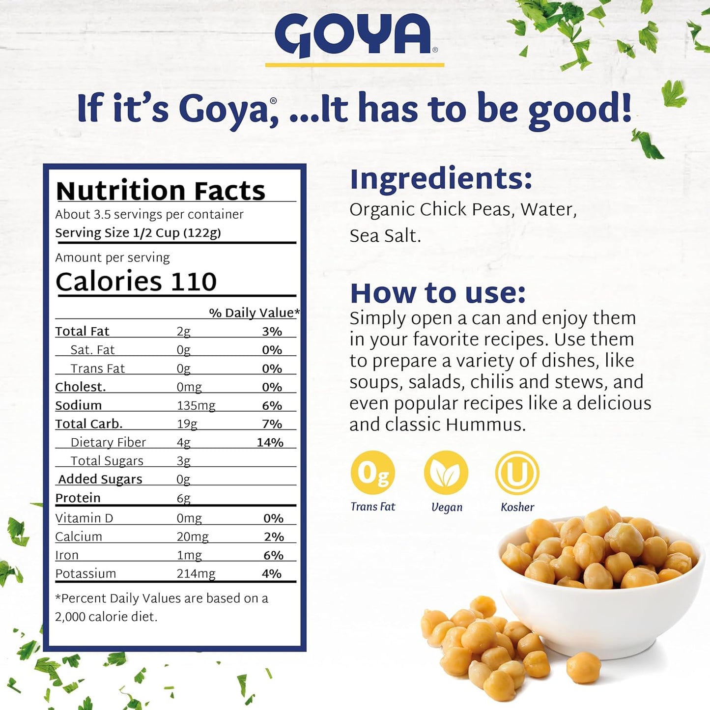 Goya Organic Chick Peas Garbanzo Beans, Low Sodium with Sea Salt, 15.5 Ounce (Pack of 8)