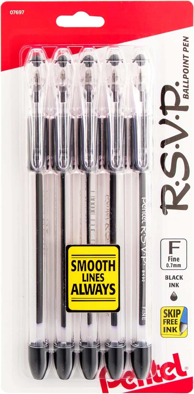 Pentel® R.S.V.P.® Ballpoint Pens, Fine Point, 0.7 mm, Clear Barrel, Black Ink, Pack of 5