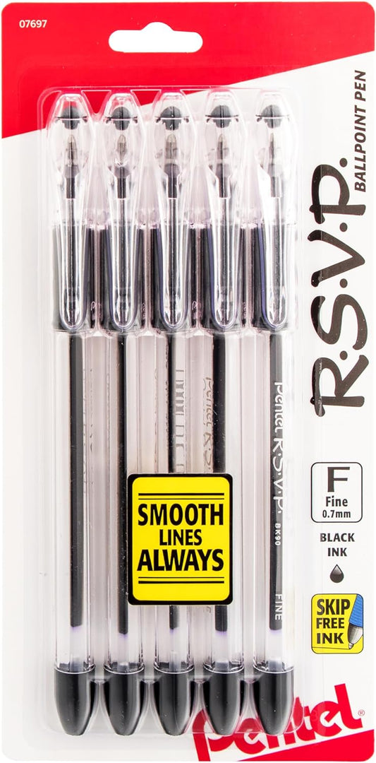 Pentel® R.S.V.P.® Ballpoint Pens, Fine Point, 0.7 mm, Clear Barrel, Black Ink, Pack of 5