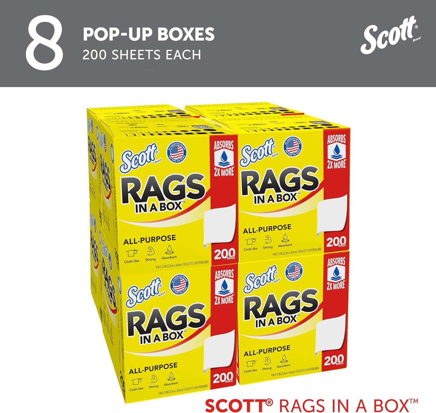 Scott® Rags In A Box™ (75260), White, 200 Shop Towels/Box, 8 Boxes/Case, 1,600 Towels/Case