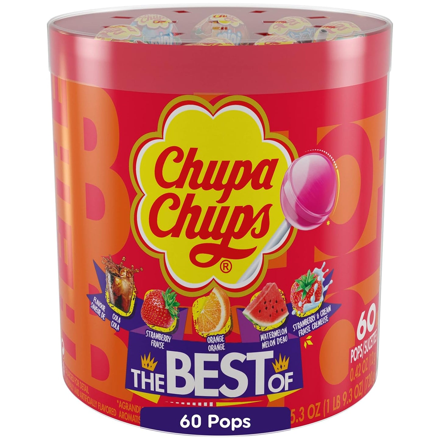 Chupa Chups ‘Best Of’ Halloween Trick or Treat Candy Lollipop Variety Assortment, 5 Flavors, Individually Wrapped Bulk Candy for Adults & Kids, 25.3 oz Drum (60 Suckers)