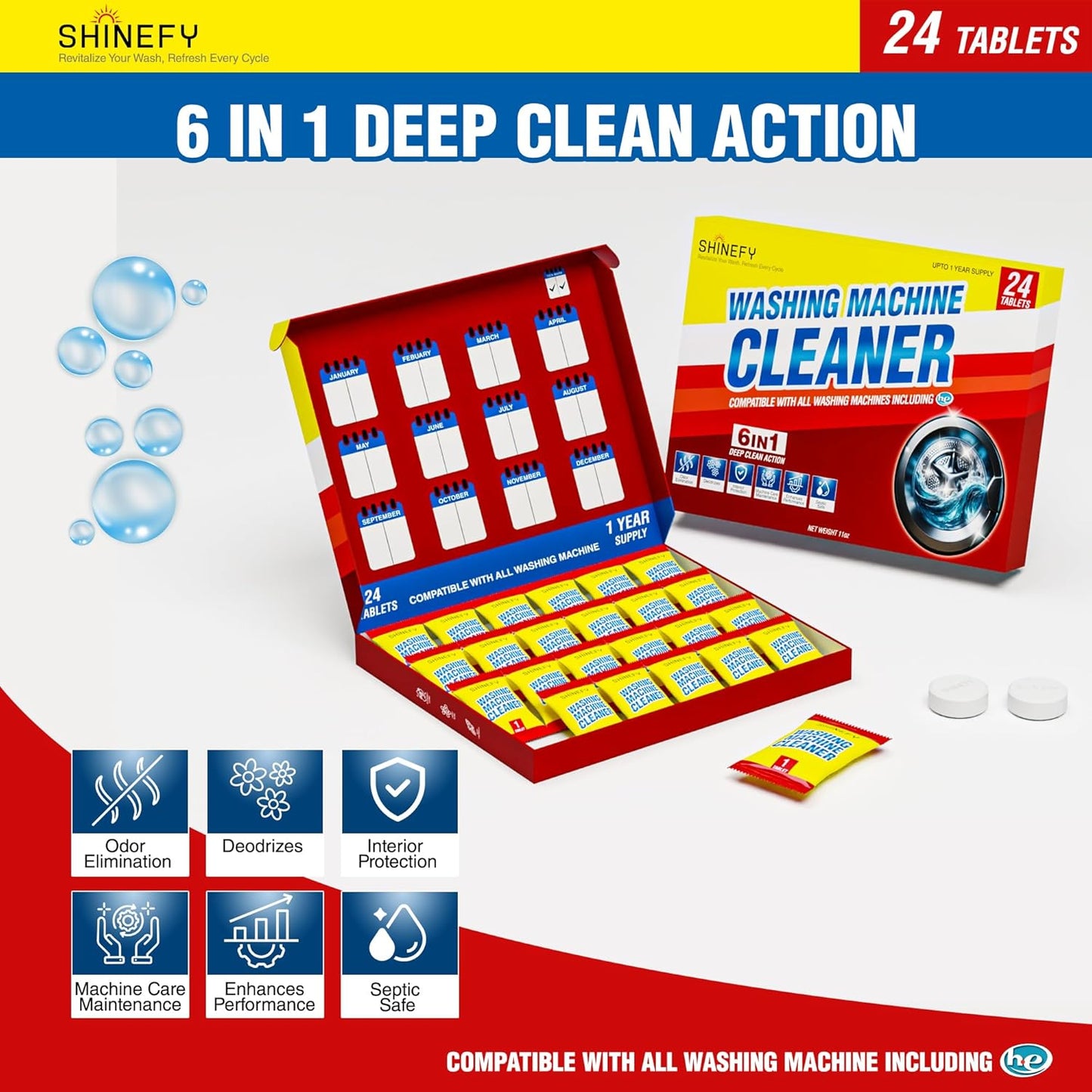 Washing Machine Cleaner Tablets - 24-Pack, 6-in-1 Formula for Top Loader, Front Loader & HE Washers - Deep Clean, Deodorize & Protect - Safe for Septic Systems