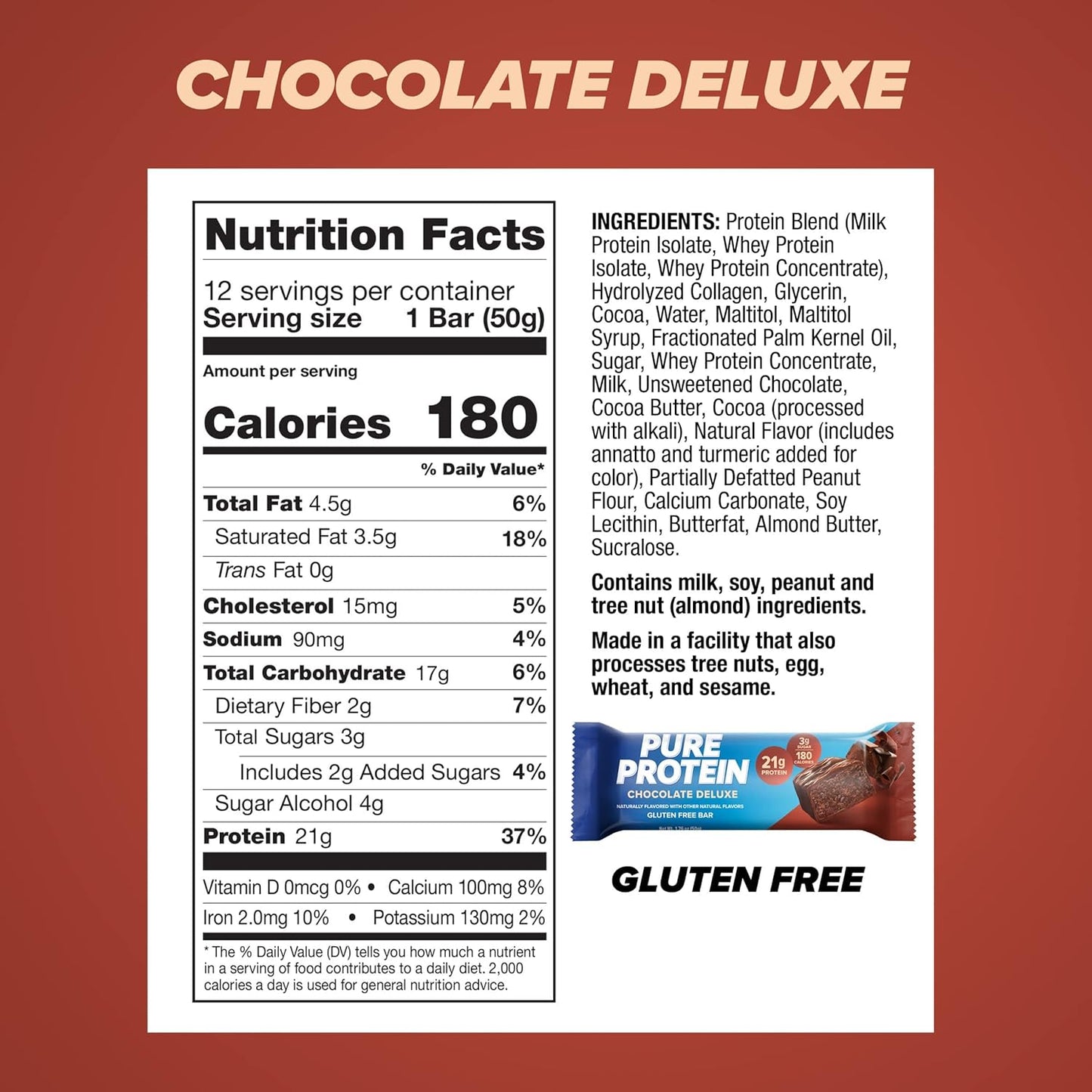 Bars, High Protein, Nutritious Snacks to Support Energy, Low Sugar, Gluten Free, Chocolate Deluxe, 1.76 oz., 12 Count(Pack of 1) (Packaging may vary)