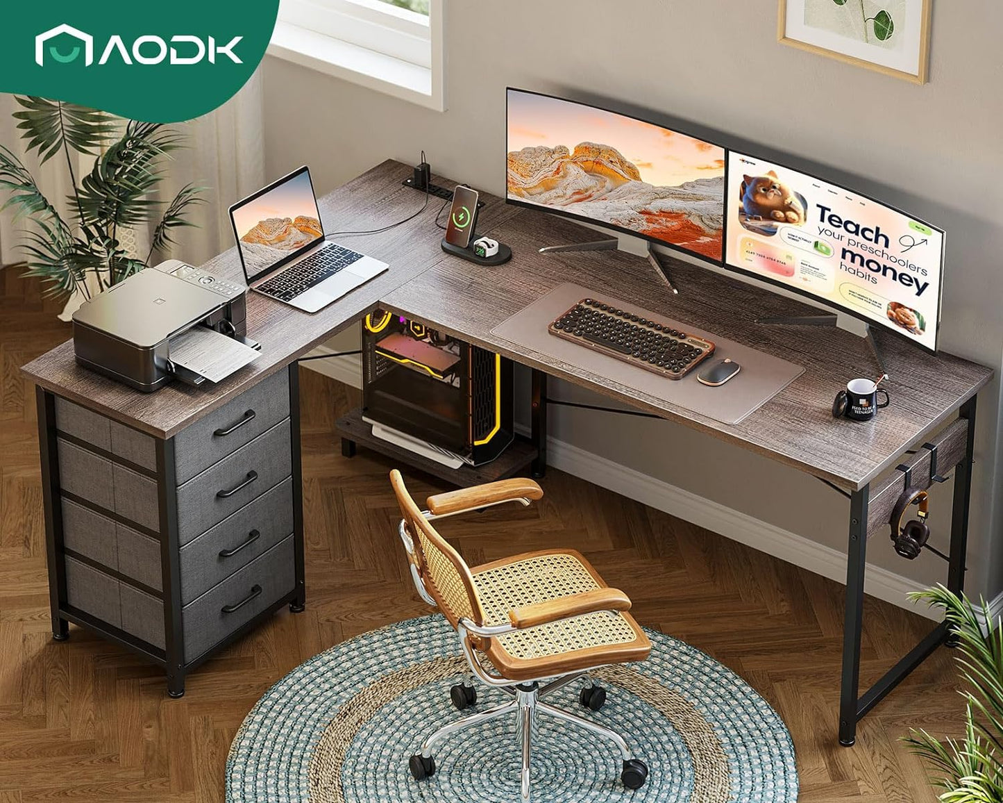 AODK L Shaped Desk with 4 Tier Drawers, 61" Reversible Gaming Desk with Power Outlets, L Shaped Computer Desk with USB Charging Port and Host Stand, Home Office Corner Desk, Easy to Assemble, Grey Oak