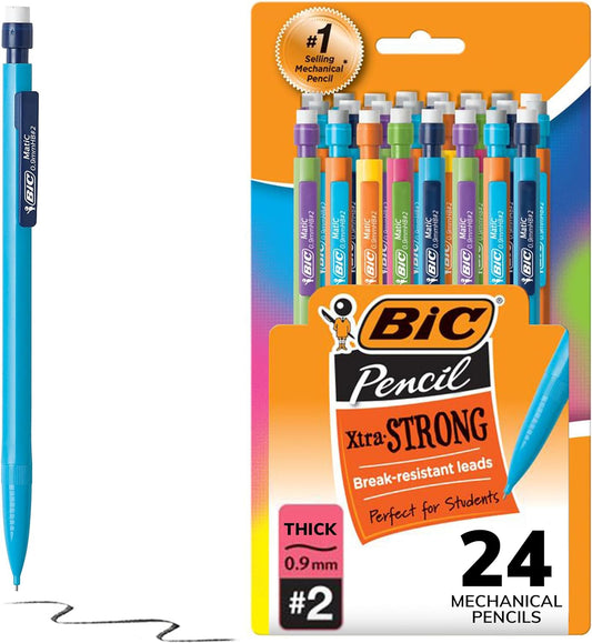 BIC Xtra-Strong Thick Lead Mechanical Pencil, With Colorful Barrel Thick Point (0.9mm), 24-Count Pack, With Erasers (MPLWP241)