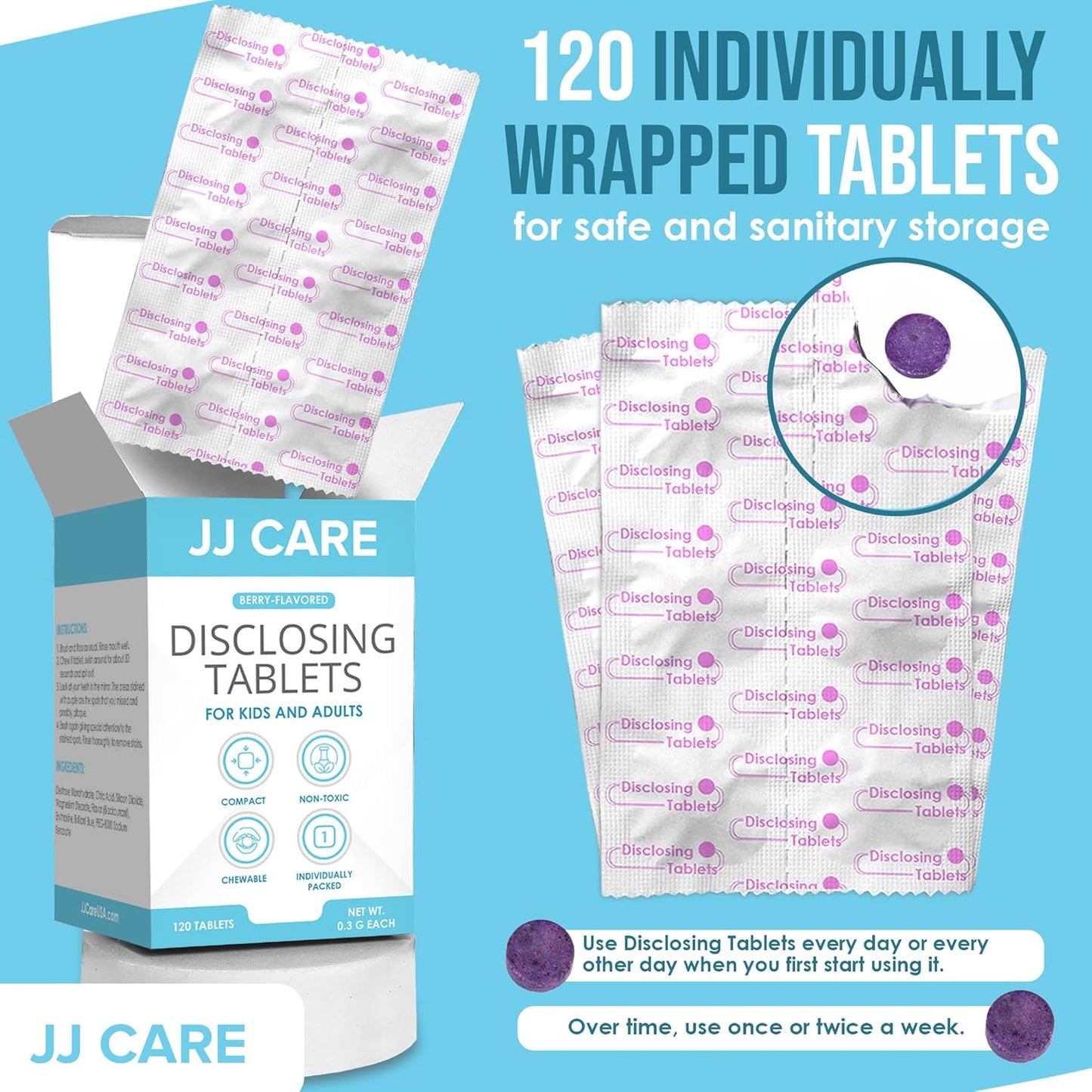 JJ Care Disclosing Tablets for Kids - 120 Count Plaque Disclosing Tablets, Berry Flavored Dental Plaque Tablets for Kids and Adults, Individually Wrapped Plaque Disclosing Tablets