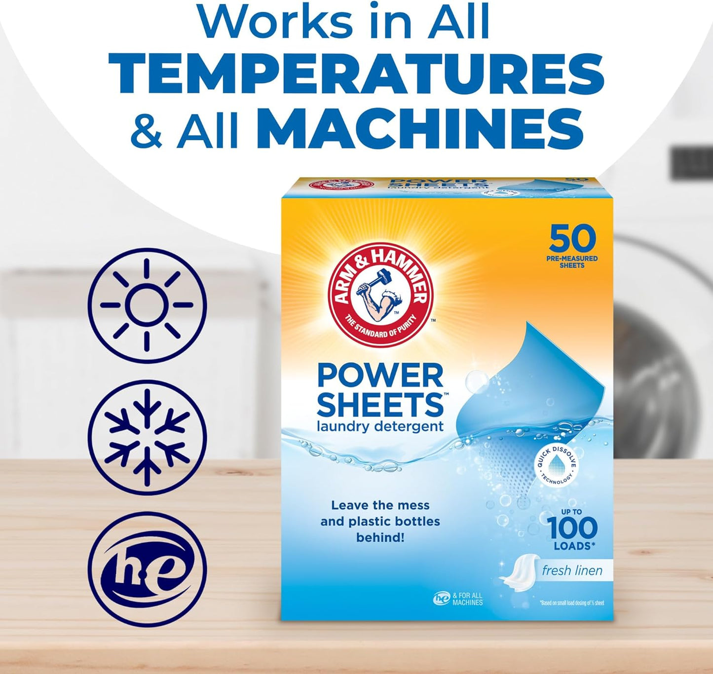 Arm & Hammer Power Sheets Laundry Detergent, Fresh Linen 50ct, up to 100 Small Loads (Packaging may vary)