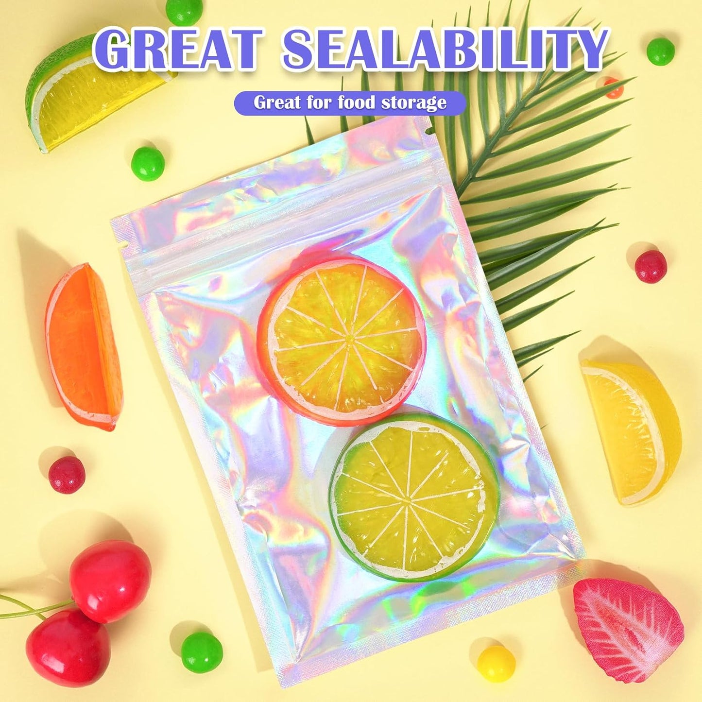 100 Pcs Mylar Bags, Smell Proof Bags with Clear Window, Holographic Bags for Snack, Cookie, Jewelry, Candy, Gift, Resealable Bags for Small Business, Sealable Bags for Packaging（2.4x3.9in）