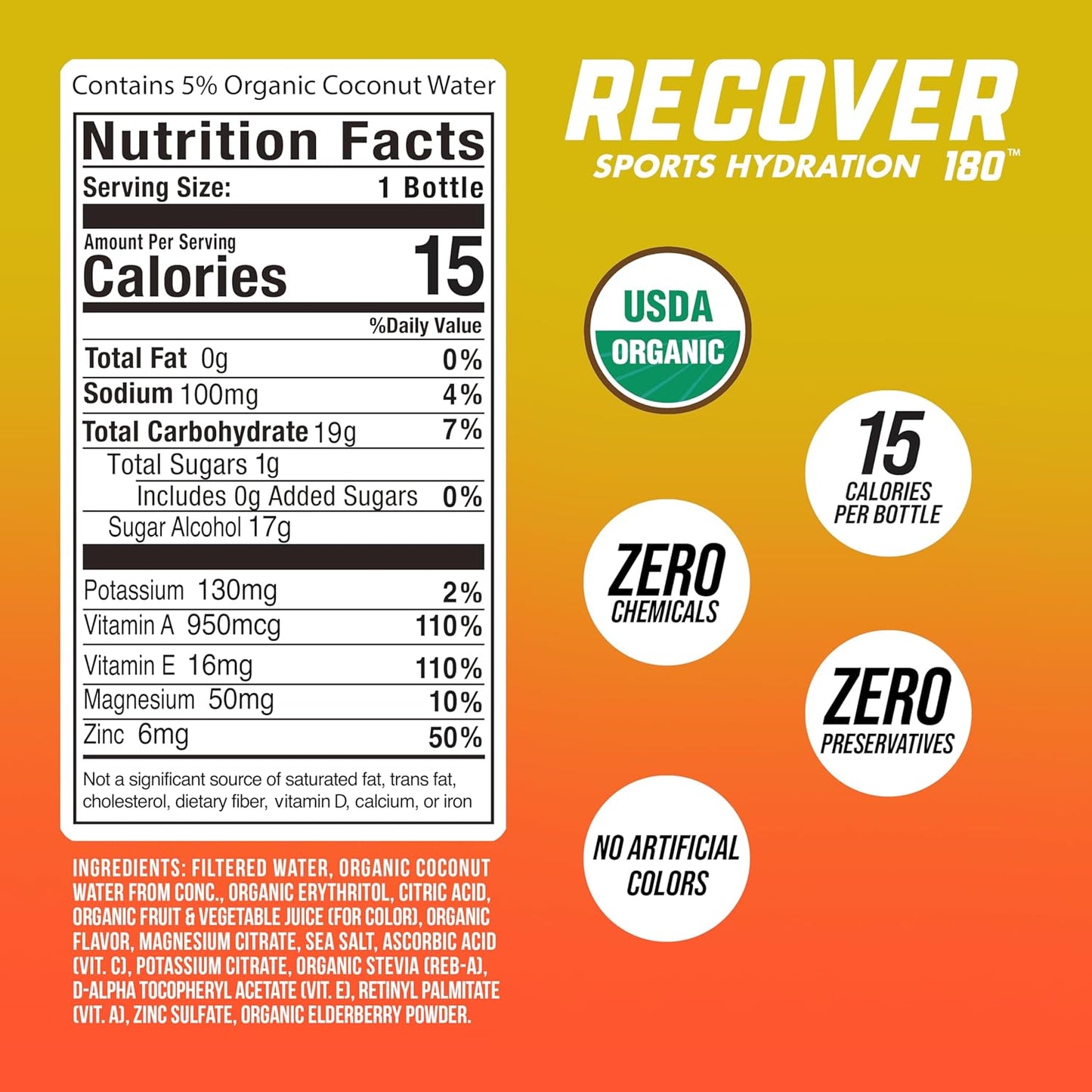 RECOVER 180 Organic Hydration Sports Drink, No Sugar Added, 15 Calorie Sports Beverage, Organic Flavors With Vitamins, Potassium-Packed Electrolytes (16.9 Fl Oz (Pack of 12), Peach Mango)