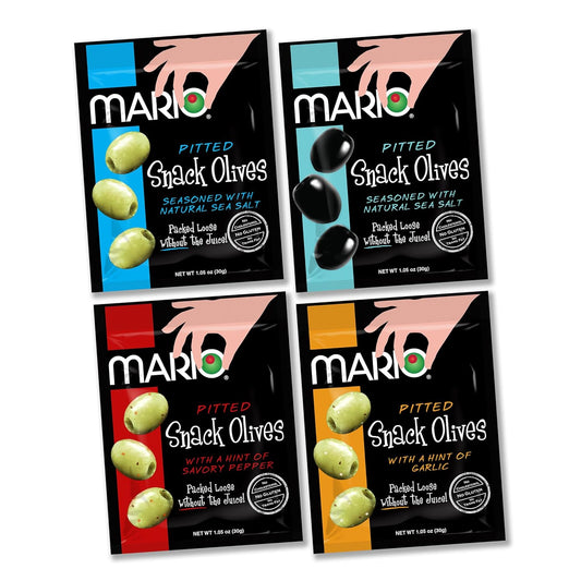 Mario Camacho Foods Pitted Snack Olives, Variety Pack, 1.05 oz Pouches (Pack of 12)