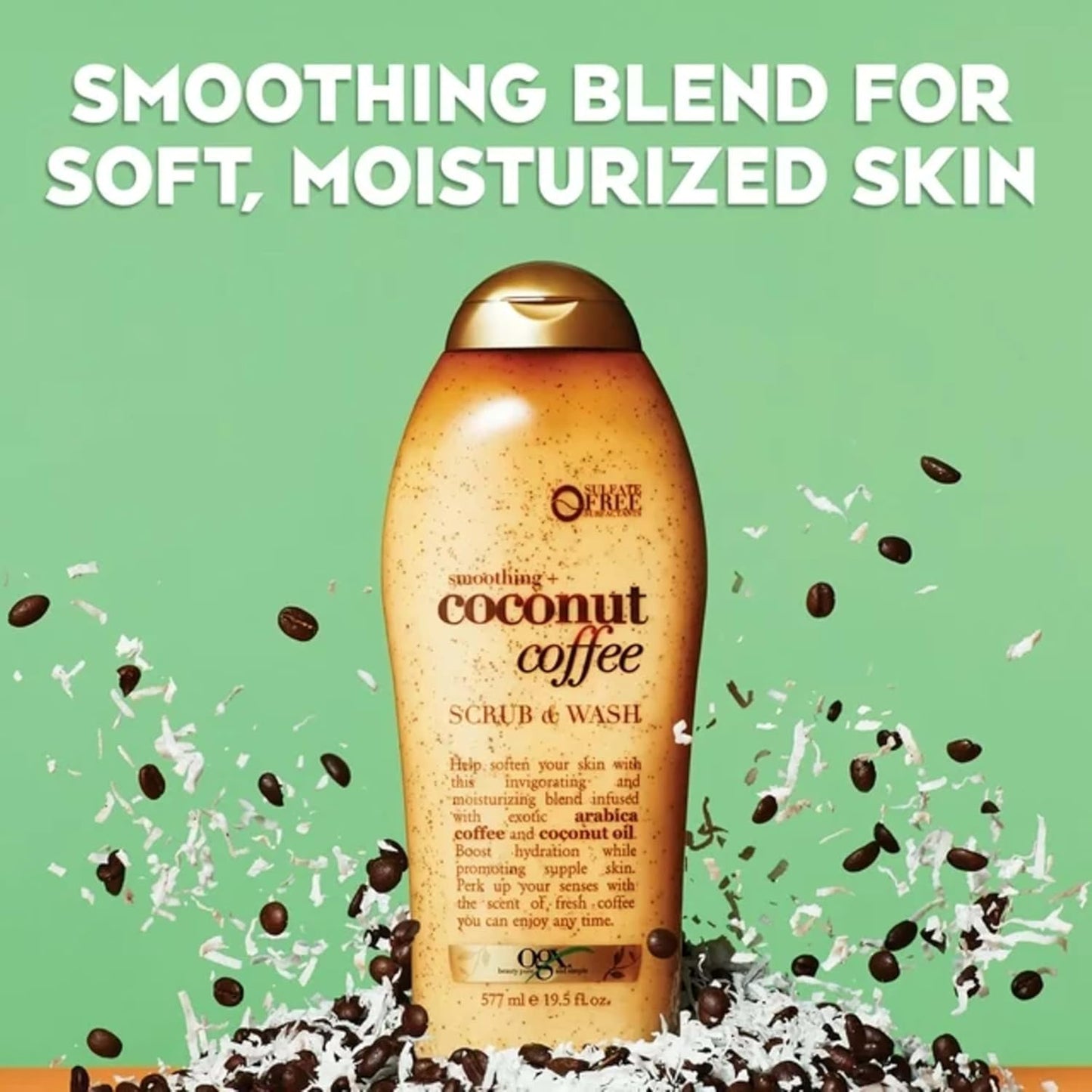 OGX Smoothing + Coconut Coffee Exfoliating Body Scrub with Arabica Coffee & Coconut Oil, Moisturizing Body Wash for Dry Skin, Paraben-Free with Sulfate-Free Surfactants, 19.5 Fl Oz