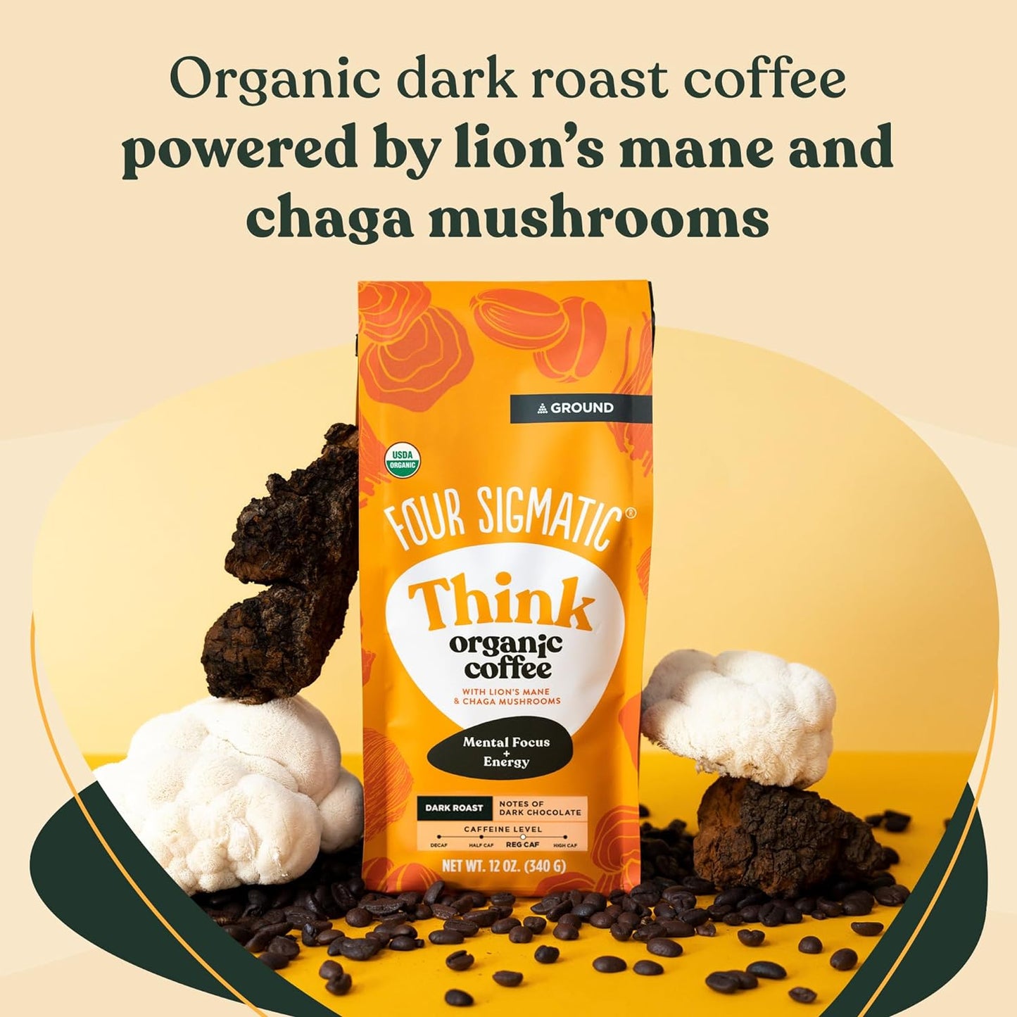 Four Sigmatic Think Mushroom Coffee | Organic Ground Coffee with Lion's Mane Mushroom and Chaga Mushroom | Nootropic Mushroom Coffee for Better Focus and Immune Support | 12oz Bag