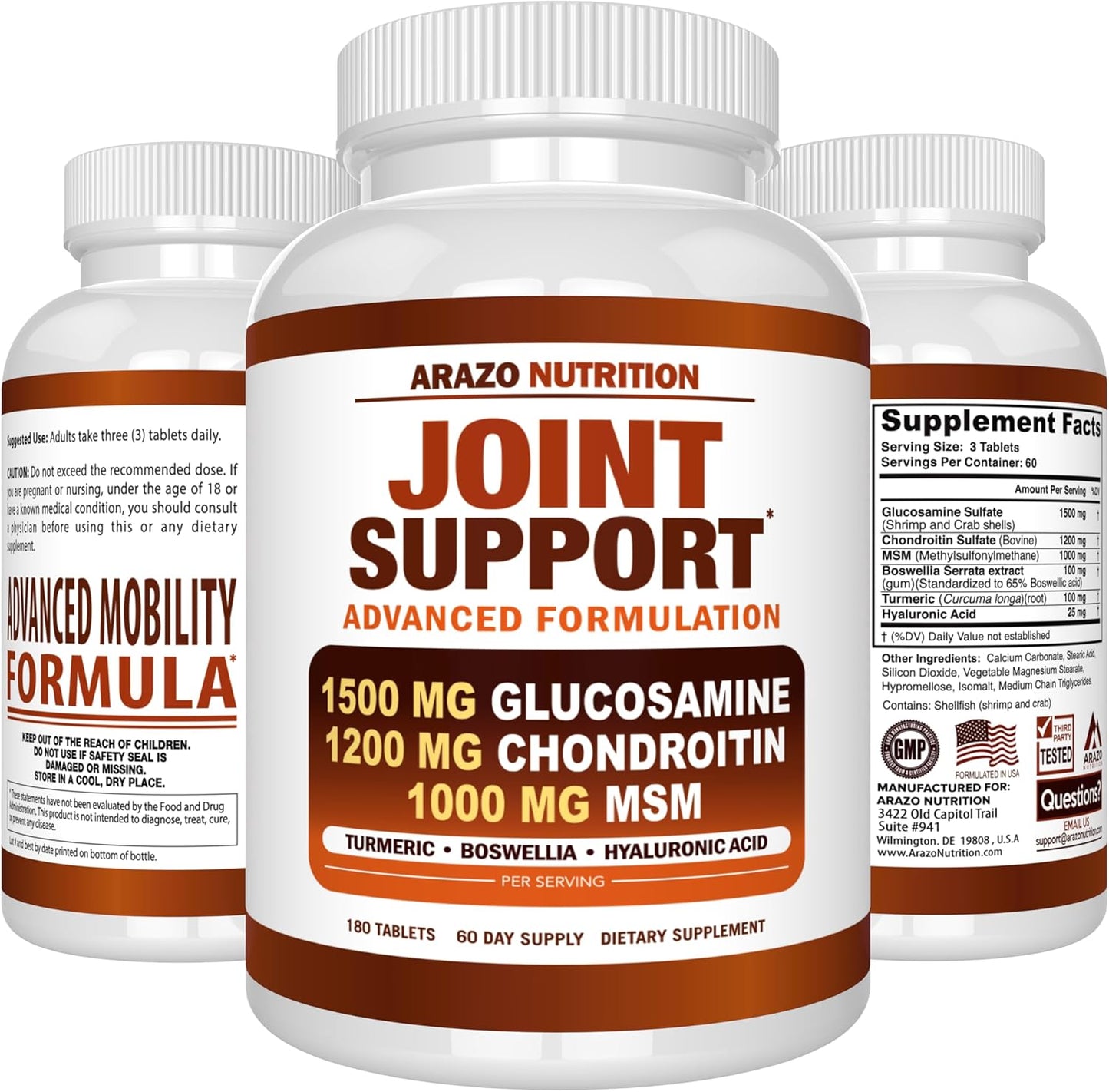 Arazo Nutrition Glucosamine Chondroitin Turmeric Msm Boswellia - Joint Support Supplement for Relief 180 Tablets for Bones, Back, Knees, Hands (180 Tablets)