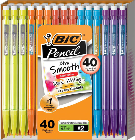 BIC Xtra-Smooth Mechanical Pencils with Erasers (MPCE40-BLK), Bright Edition Medium Point (0.7mm), 40-Count Pack, Bulk Mechanical Pencils for School, Barrel Colors May Vary