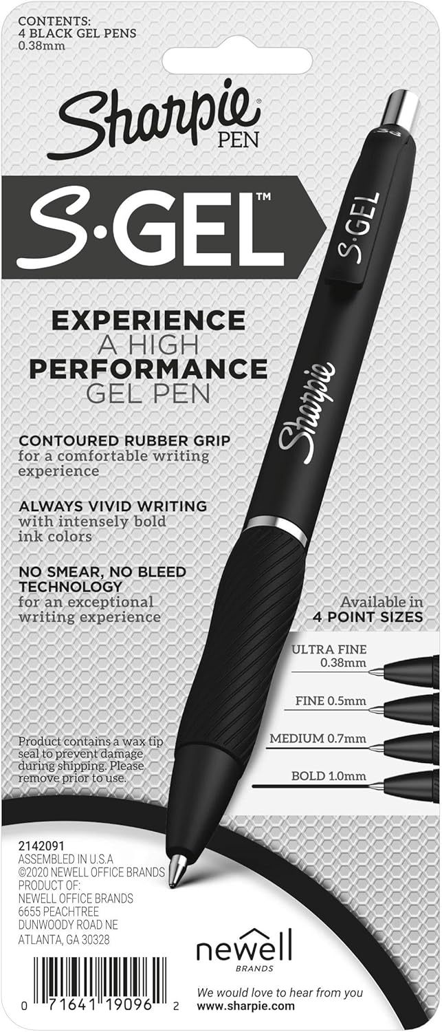 Sharpie S-Gel, Gel Pens, Ultra Fine Point (0.38mm), Black, 4 Count