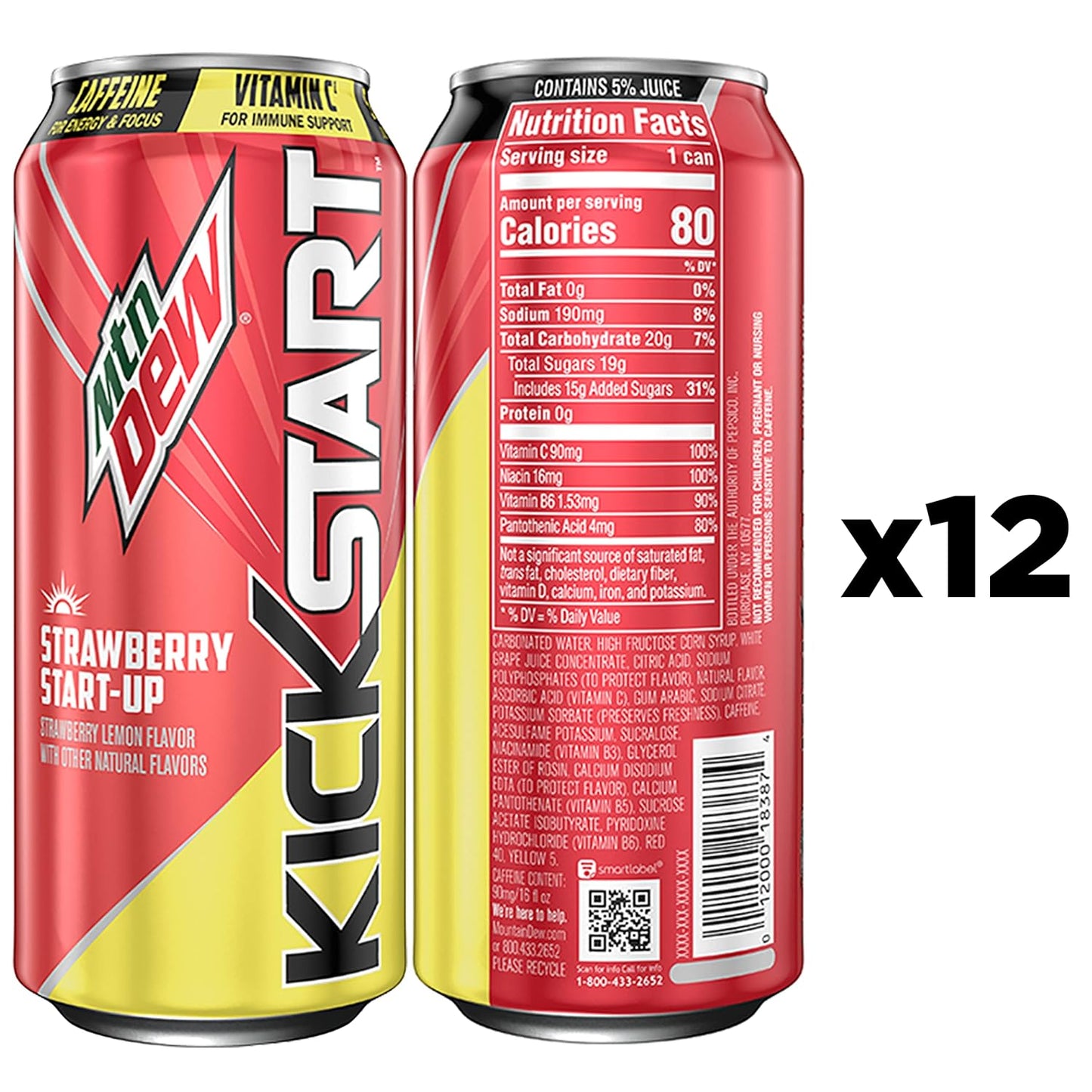 Mountain Dew Kickstart Strawberry Start-Up (16 Ounce Cans, Pack of 12)