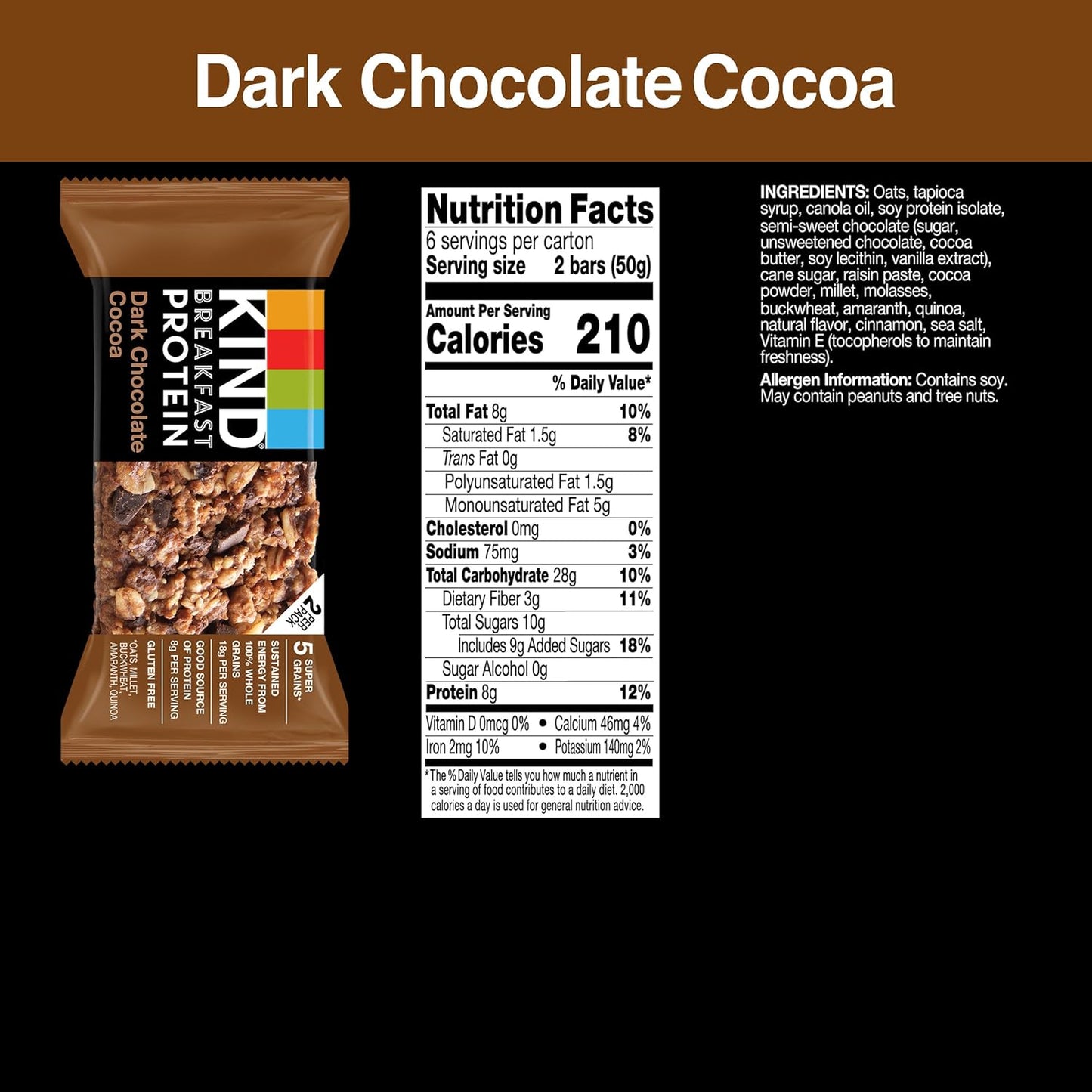 KIND Breakfast, Healthy Snack Bar, Dark Chocolate Cocoa, Gluten Free Breakfast Bars, 8g Protein, 1.76 OZ Packs (6 Count)