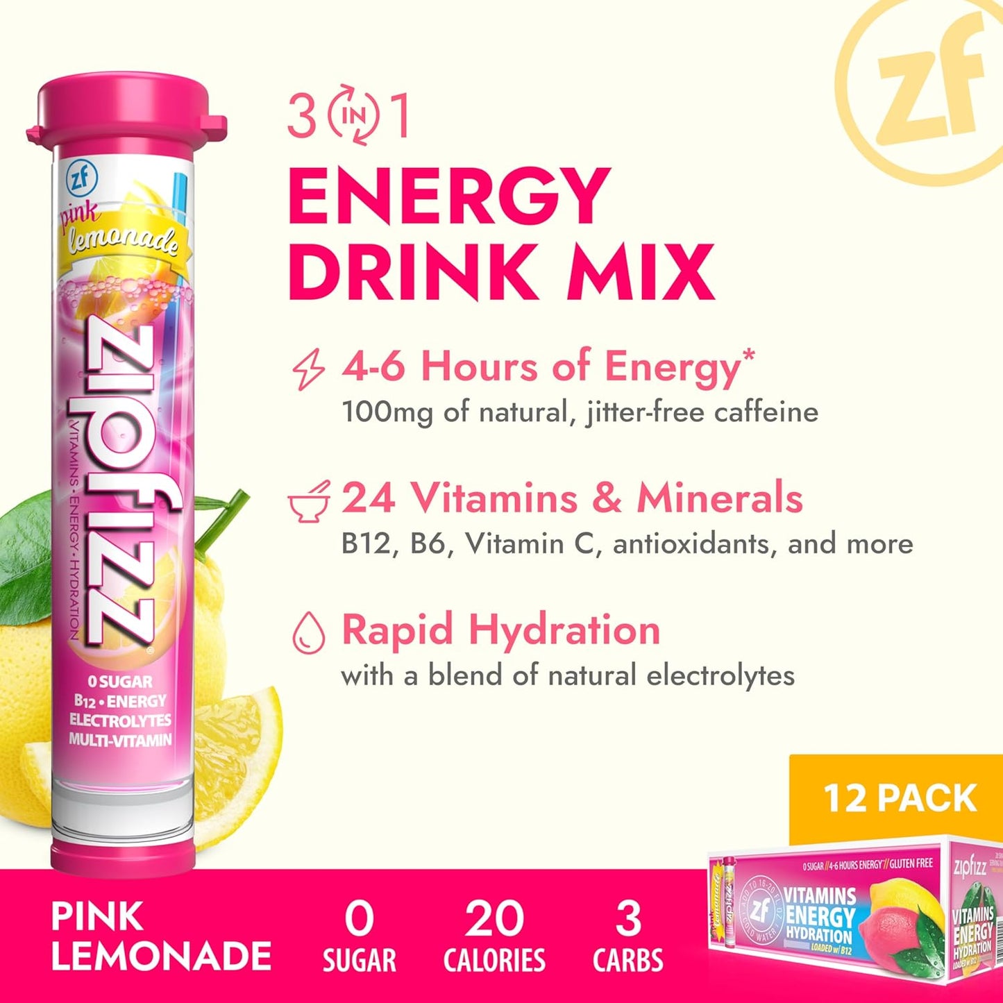 Zipfizz Daily Energy Drink Powder, Pink Lemonade, 20 Pack | 3-in-1 Sustained Energy, Rapid Hydration, and Essential Vitamins | Sugar-Free | Electrolyte Powder | Contains Vitamin B-12 & Antioxidants