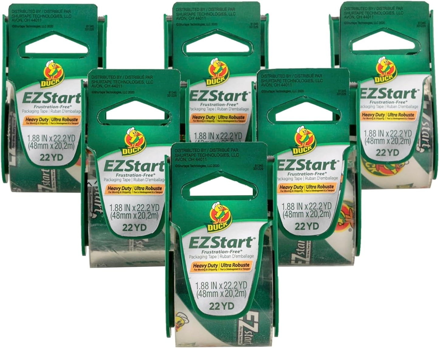 Duck EZ Start Packaging Tape, 6 Rolls with Dispensers, 133.2 Yards, Clear Packing Tape for Mailing, Moving, Shipping & Storage, Quiet Easy Start Tape for Boxes & Shipping, 1.88 In. x 22.2 Yd. (824922)