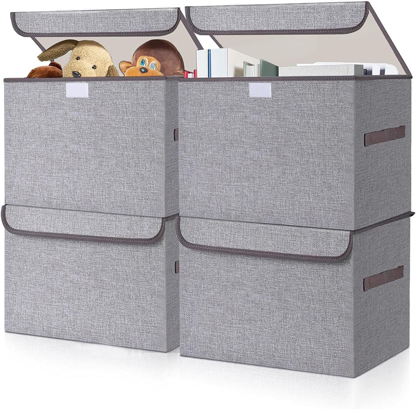 Large 22 Quart Linen Fabric Foldable Storage Bin Cube Organizer Basket with Flip-Top Lid & Handles, Clothes Blanket Box for Home, Office, Closet, Gray, 4 Pack 14.6 x 9.5 x 9.5”