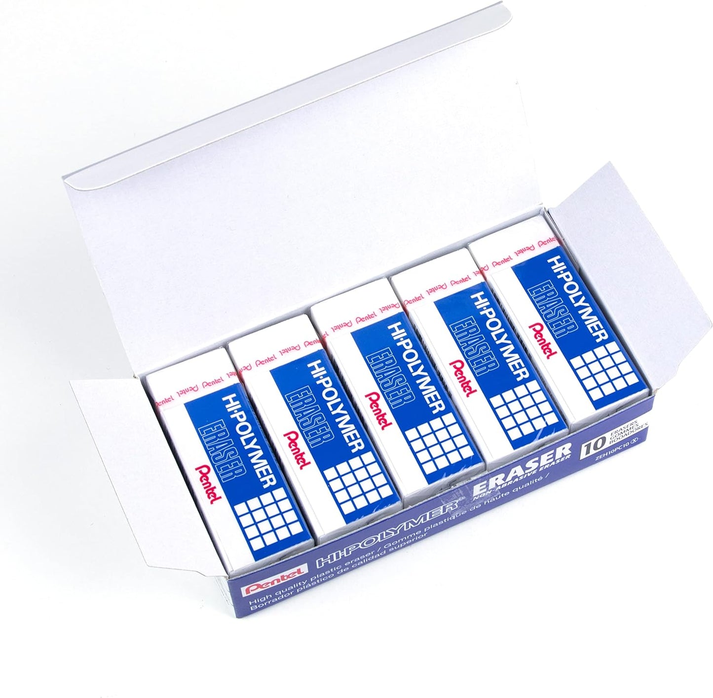 Pentel Hi-Polymer Block Eraser, Large, White, Pack of 10 Erasers (ZEH10PC10)