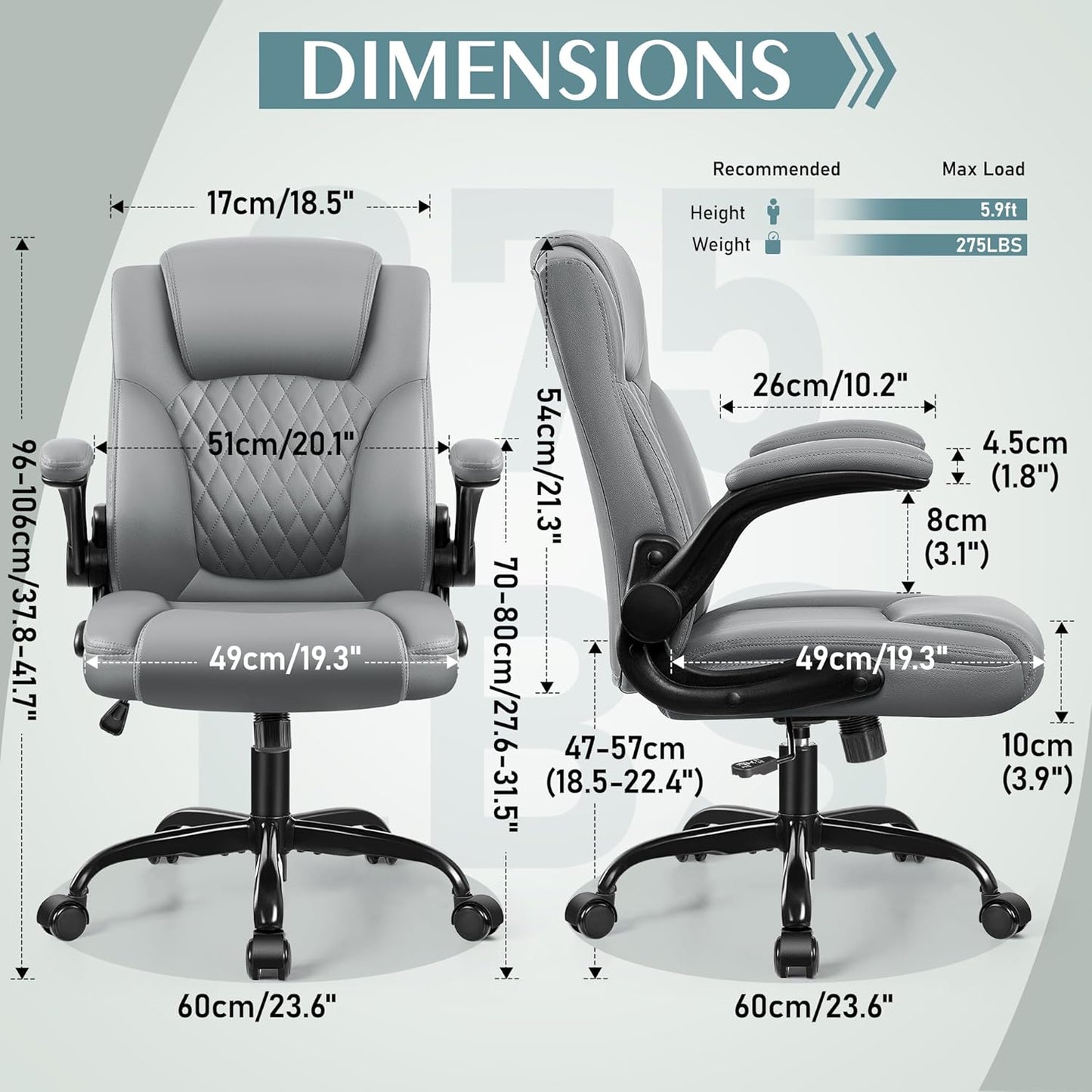 Leather Office Chair, PU Home Computer Desk Chairs with Ergonomic Back Support, 360°Swivel Free，Small Gmaing Chair with Wheels and Adjustable Armrests, for Short People Use, Gray