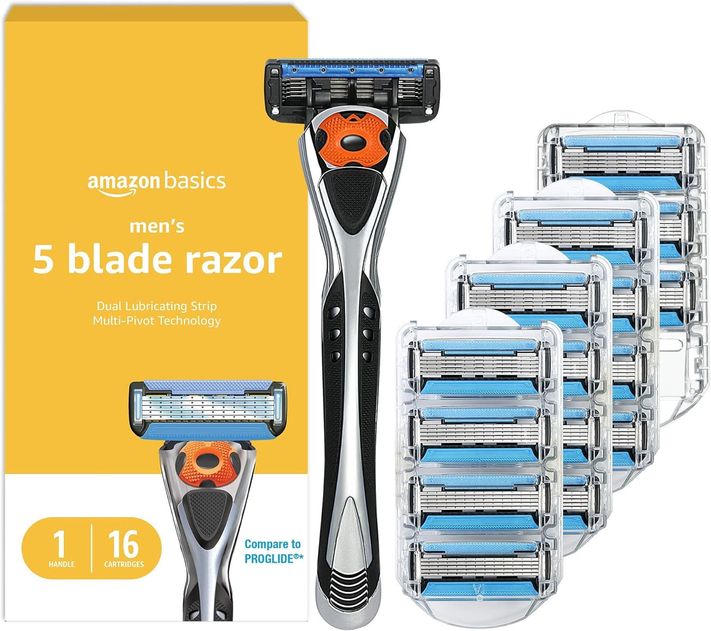 Amazon Basics 5-Blade MotionSphere Razor for Men with Dual Lubrication and Precision Trimmer, Handle & 16 Cartridges, Cartridges fit, Razor Handles only, 17 Piece Set, Black