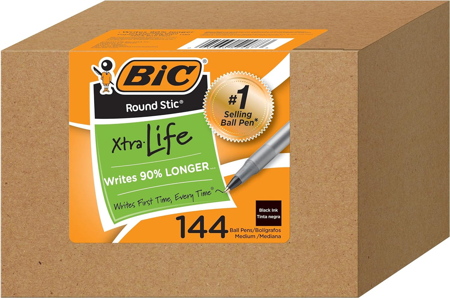 BIC Round Stic Xtra Life Ballpoint Ink Pens, Medium Point (1.0mm), Black Pens, Flexible Round Barrel For Writing Comfort, 144-Count