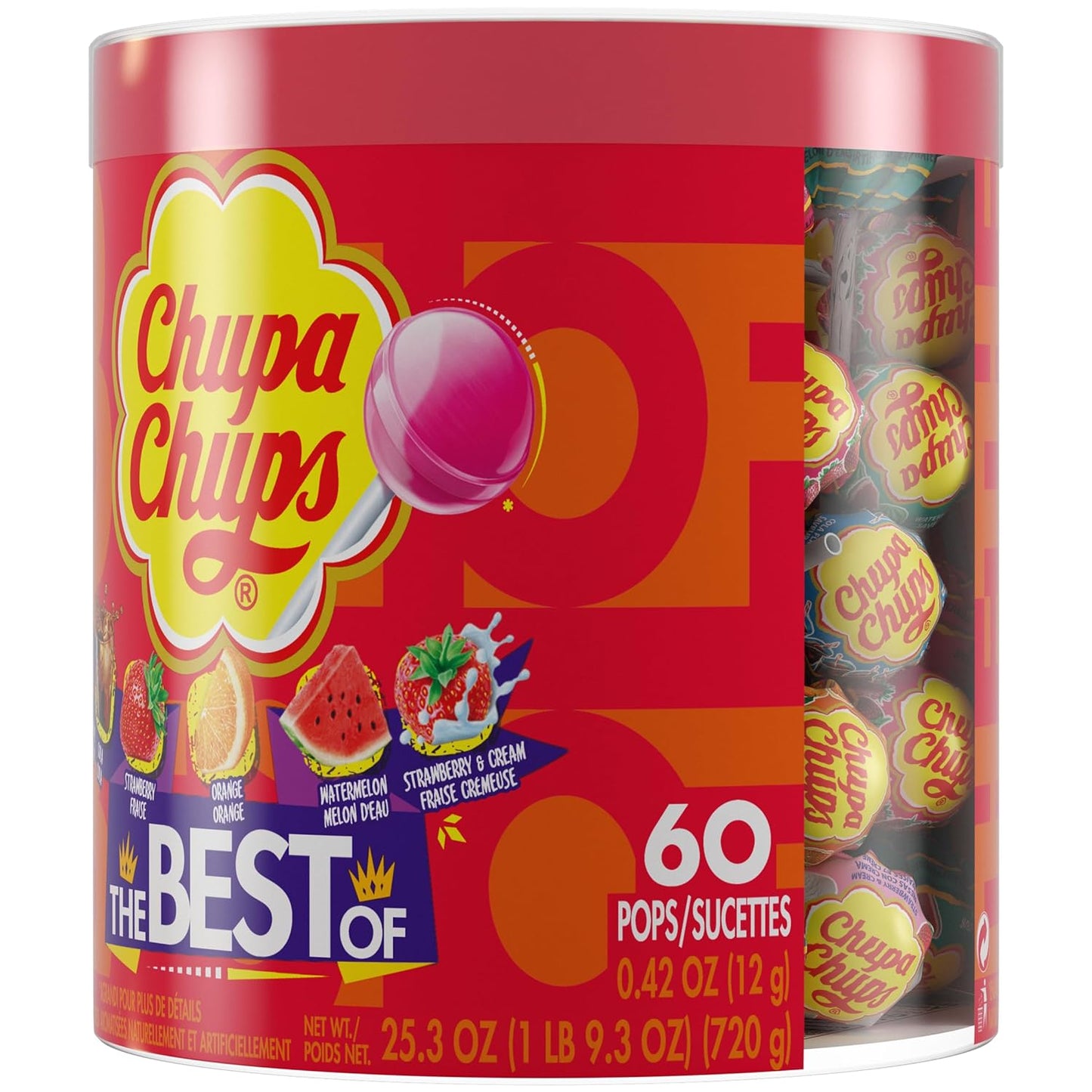 Chupa Chups ‘Best Of’ Halloween Trick or Treat Candy Lollipop Variety Assortment, 5 Flavors, Individually Wrapped Bulk Candy for Adults & Kids, 25.3 oz Drum (60 Suckers)