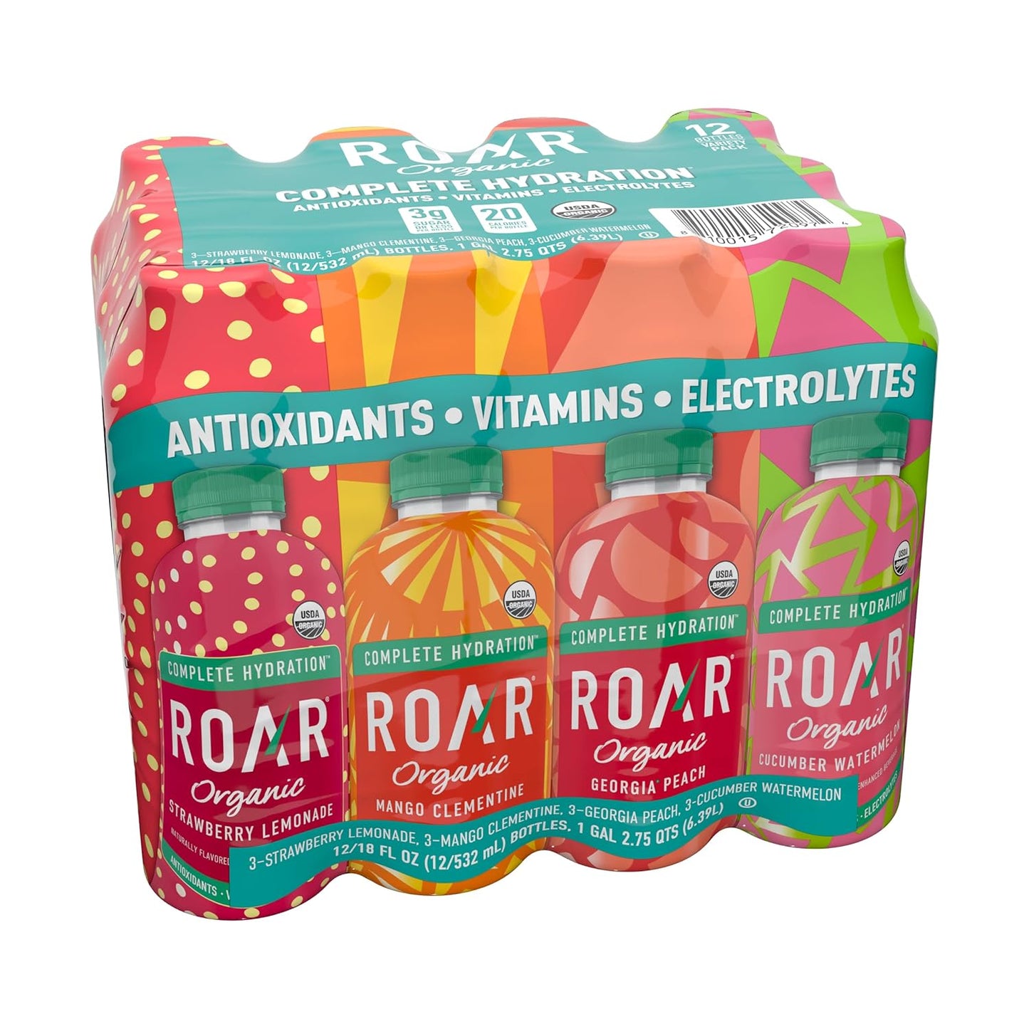 Roar Organic Complete Hydration Organic Variety Pack - Electrolyte Drinks Loaded with Vitamins C, B5, B12 - Hydrating Beverage Non-GMO, Gluten-Free - 12 pc