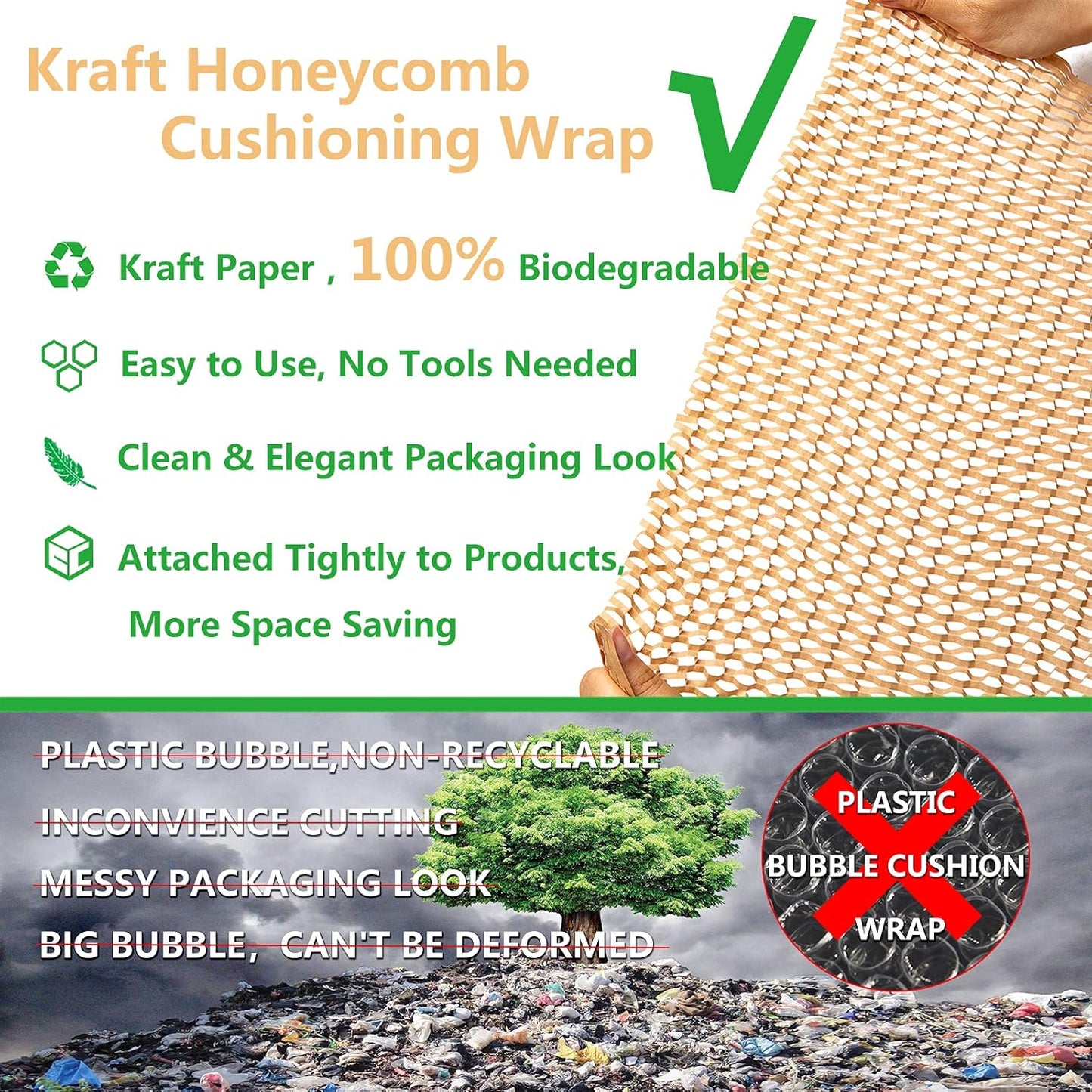 Packing Moving Paper 12"x500' Eco Friendly Honeycomb Cushioning Wrap Roll with 50 Fragile Stickers - Protective Kraft Packaging Moving Shipping Suppliers Brown