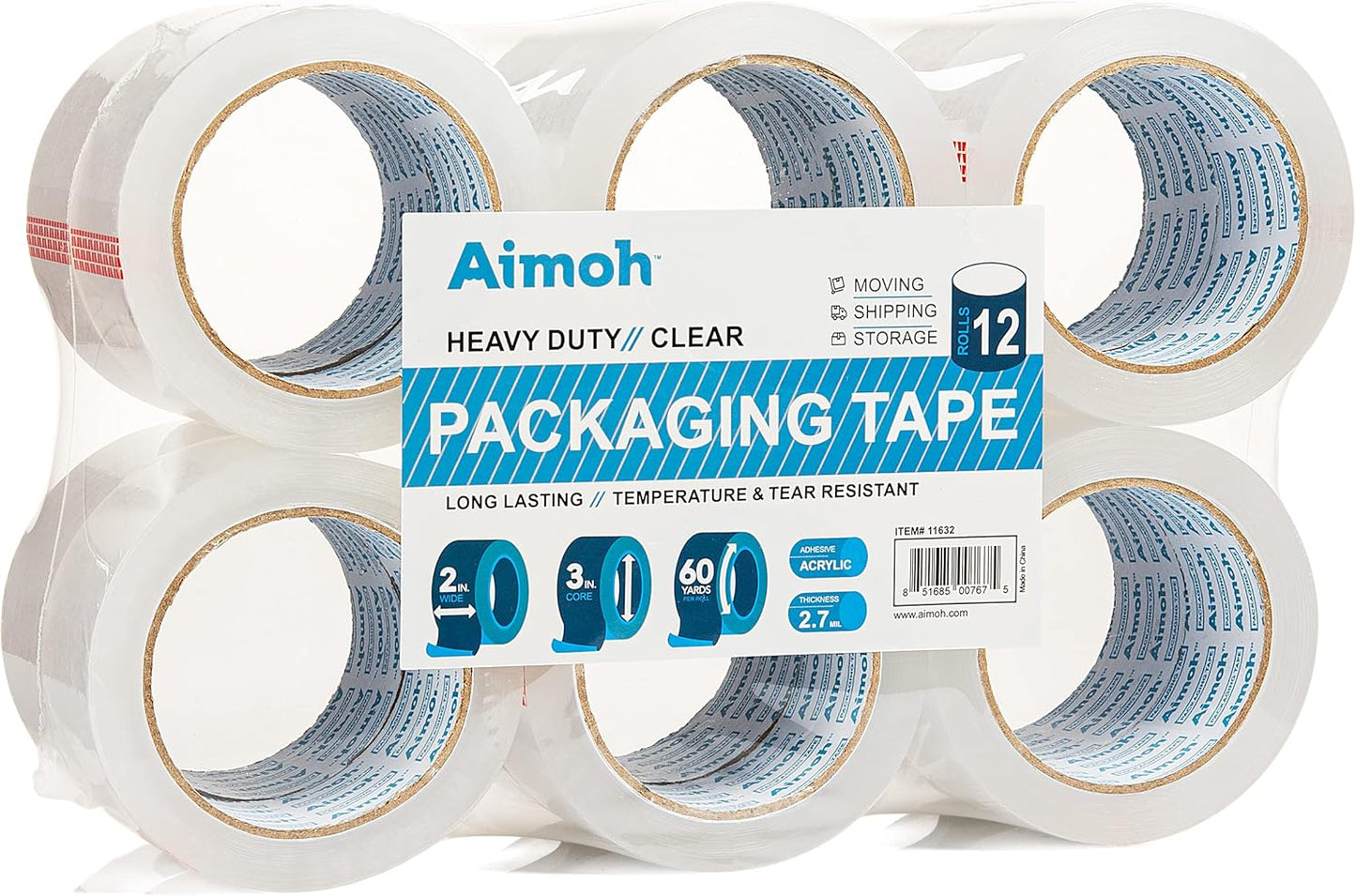 12 Rolls Heavy Duty Clear Packing Tape -Acrylic Adhesive- 2.7mil Super Strong Commercial Grade- Size 1.88 x 60 Yard- 3 Inch Core- Refill - Moving-Packaging-Shipping - 6 Rolls (11632)