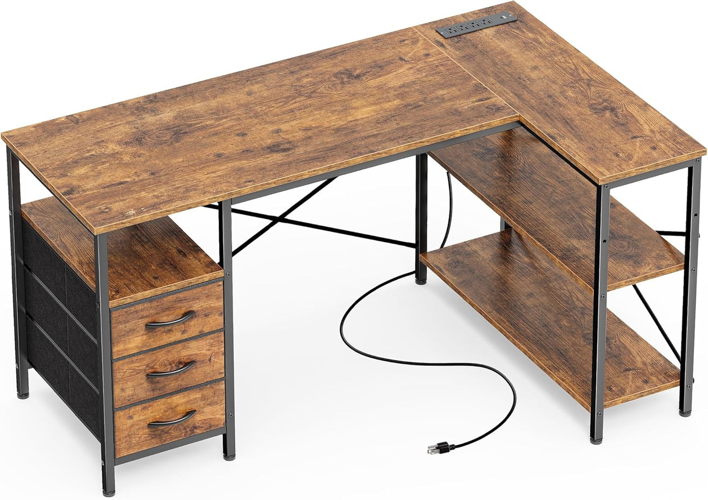 L Shaped Desk with Power Outlets, Computer Desk with 3 Drawers, 47 Inch Office Desk with Shelves, Gaming Desk, Corner Desk Work Desk for Home Office, Study, Rustic Brown